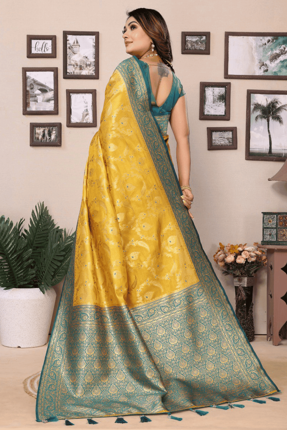 Yellow Colour Woven Work Pure Banarasi Tissue Silk Traditional Saree