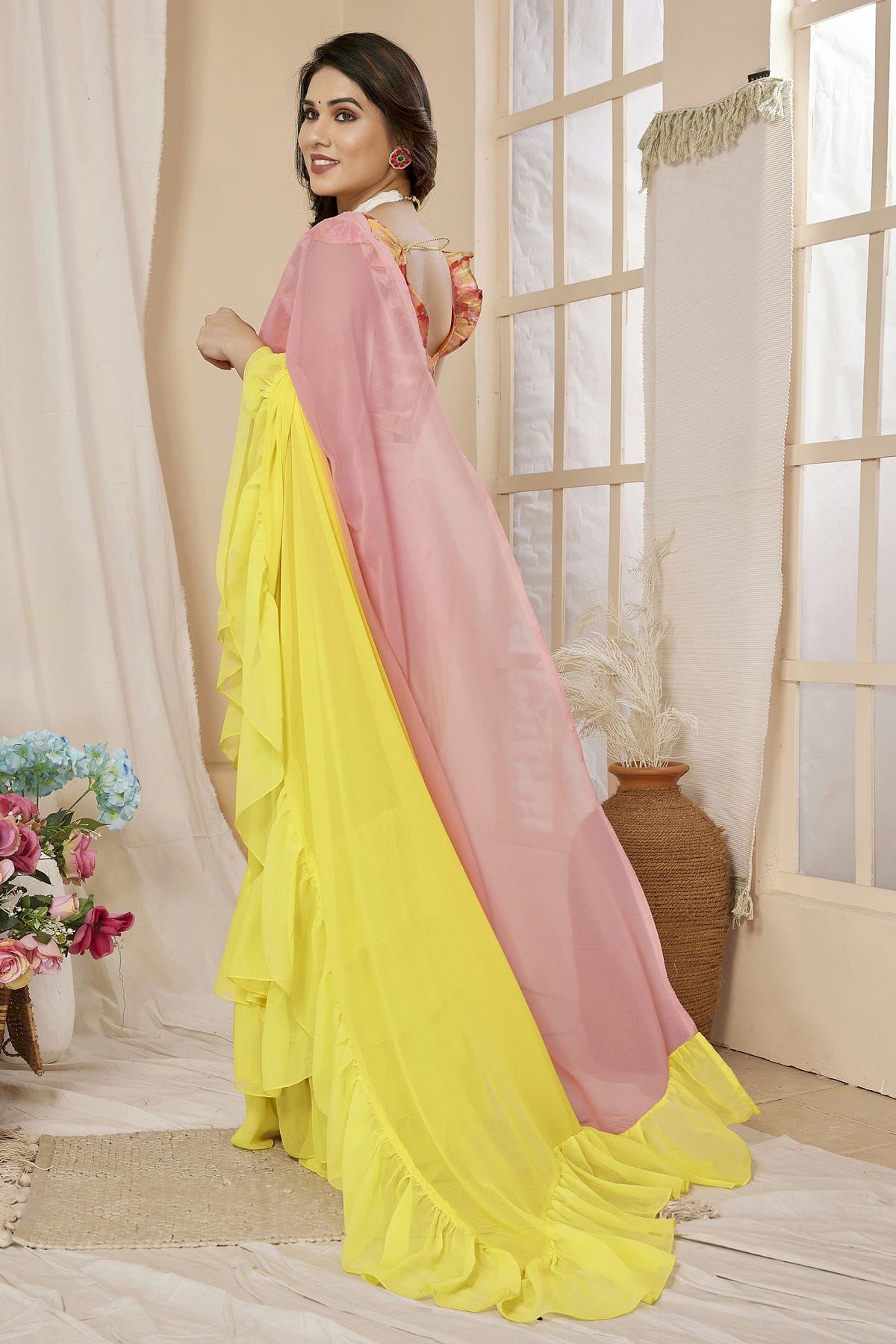 Yellow and Pink Colour Georgette Ruffle Saree VSSD1180100
