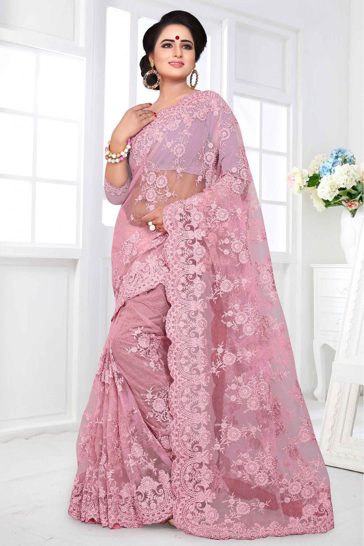 Baby Pink Colour Net Designer Saree VSSD1090027