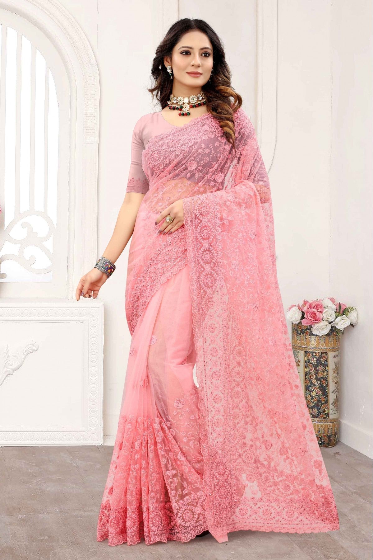 Baby Pink Colour Net Designer Saree VSSD1090243