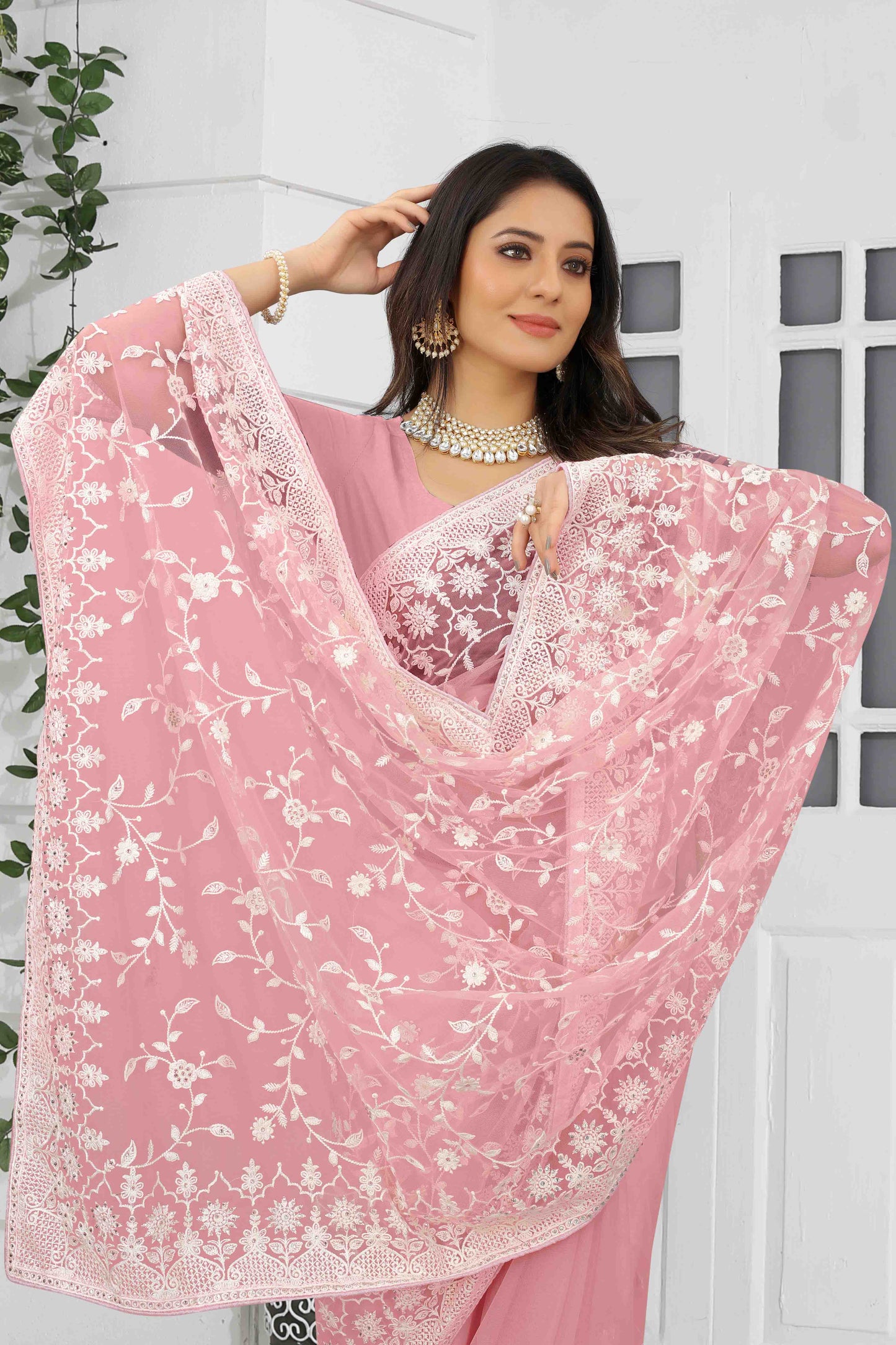 Baby Pink Colour Net Designer Saree VSSD1090557