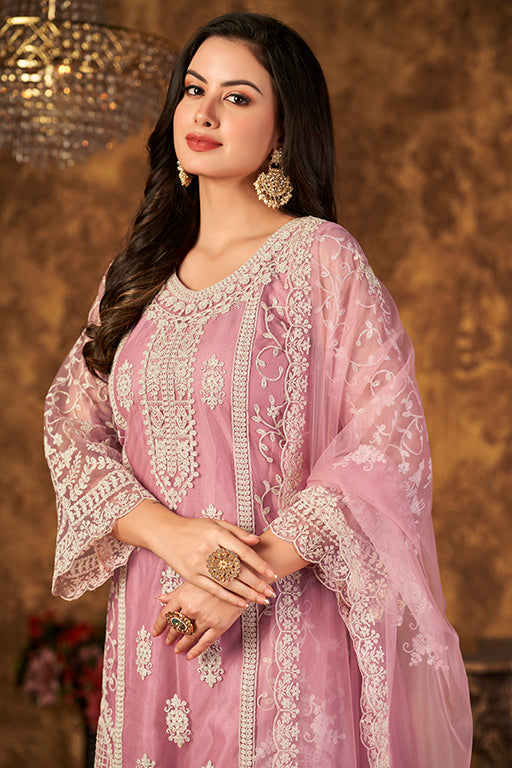 Baby Pink Colour Net Semi Stitched Palazzo Pant Suit VSSM1050337