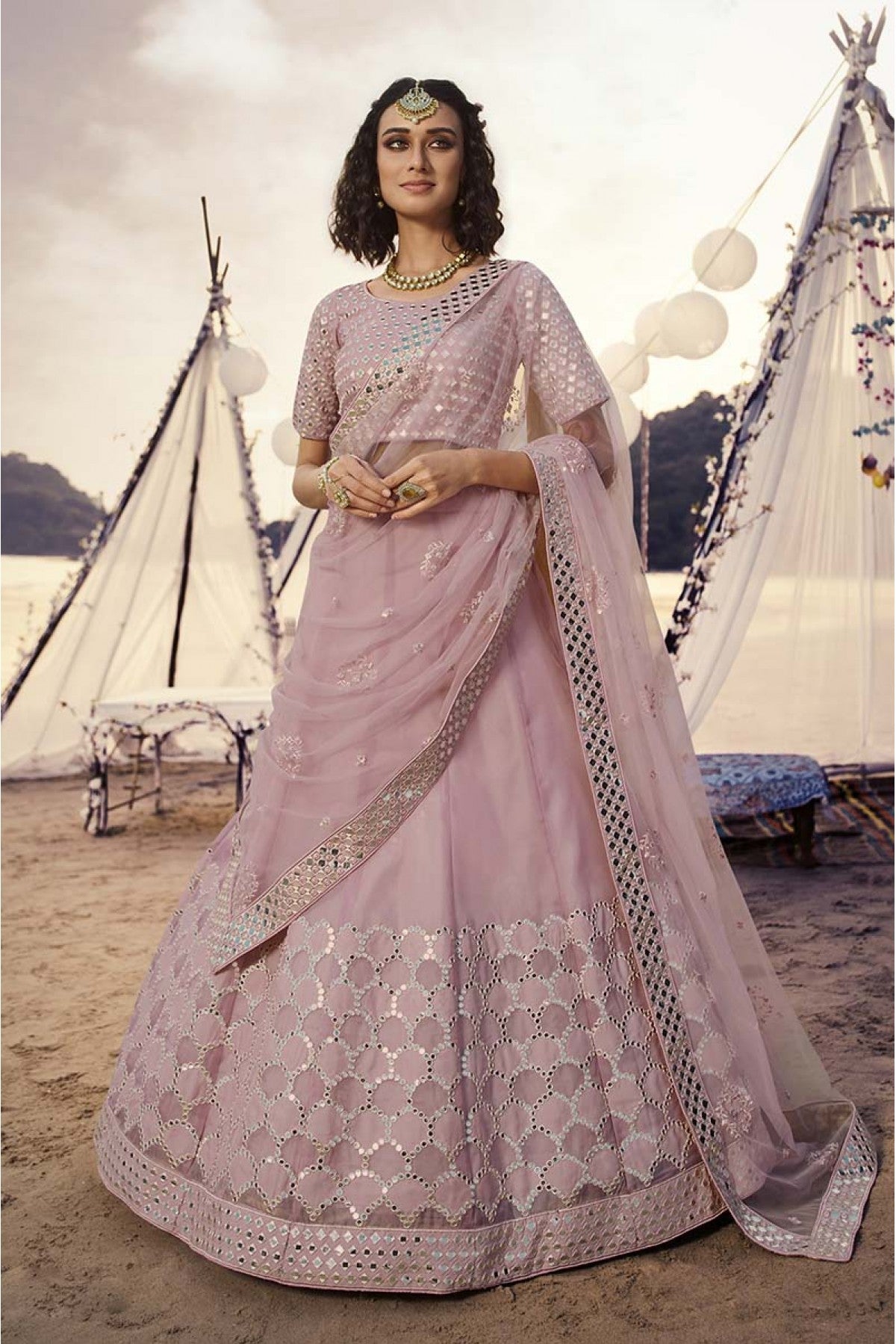 Baby Pink Colour Organza Embroidery Lehenga Choli VSLC1080505