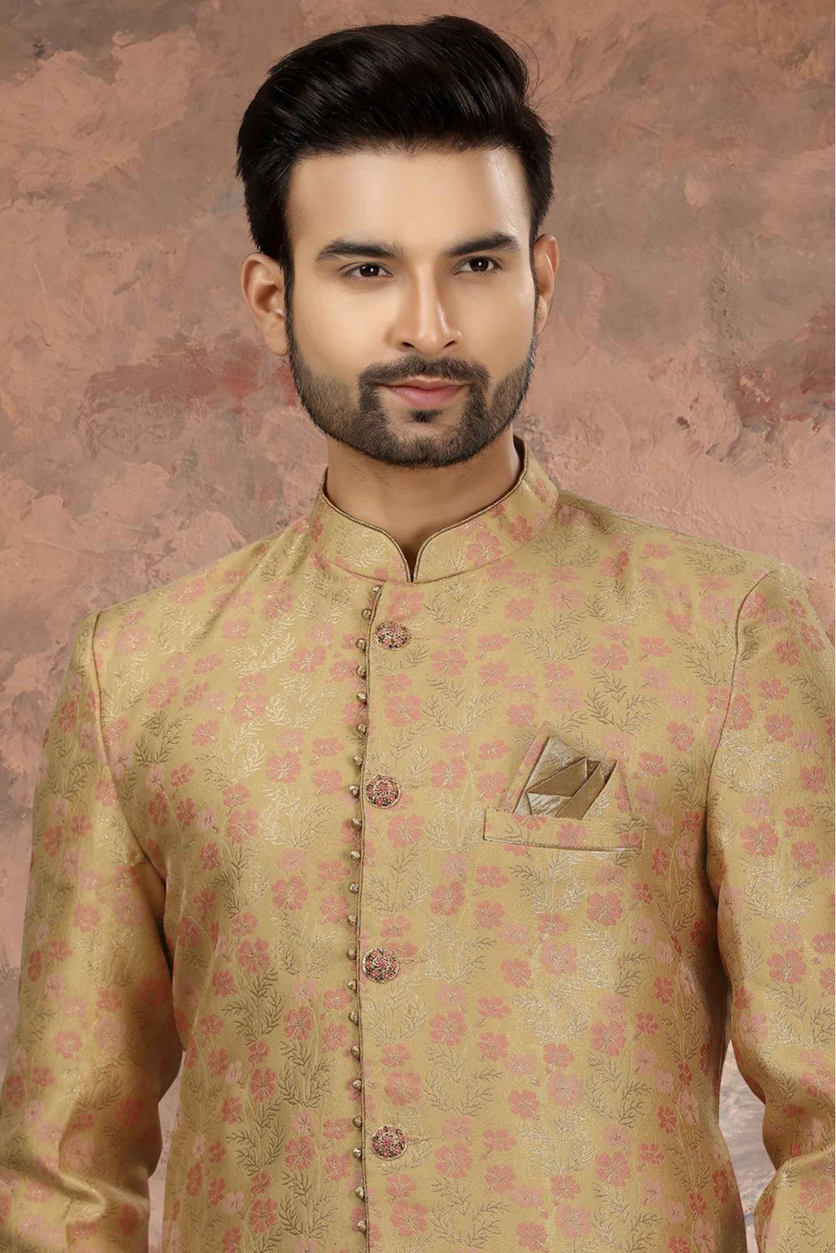 Beige Colour Jacquard Woven Sherwani VSSH1040322