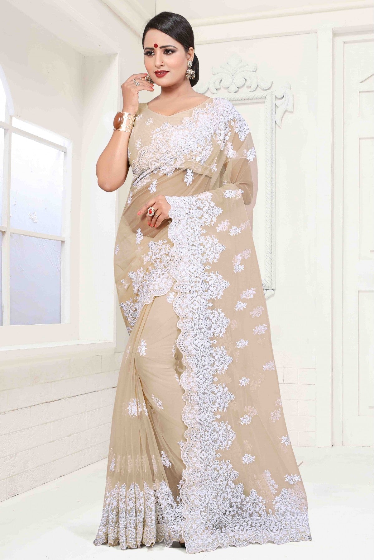 Beige Colour Net Designer Saree VSSD1090048