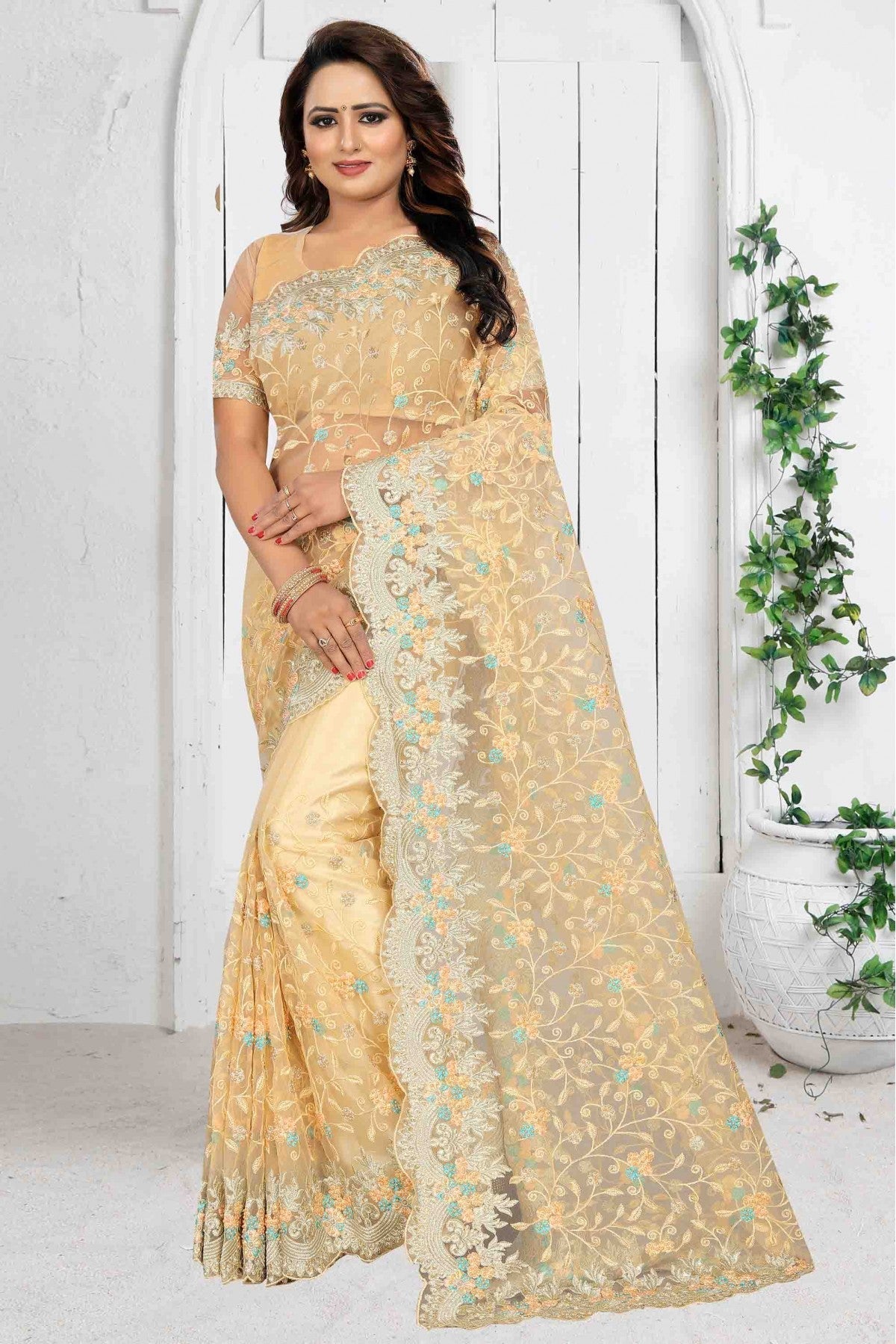 Beige Colour Net Designer Saree VSSD1090081
