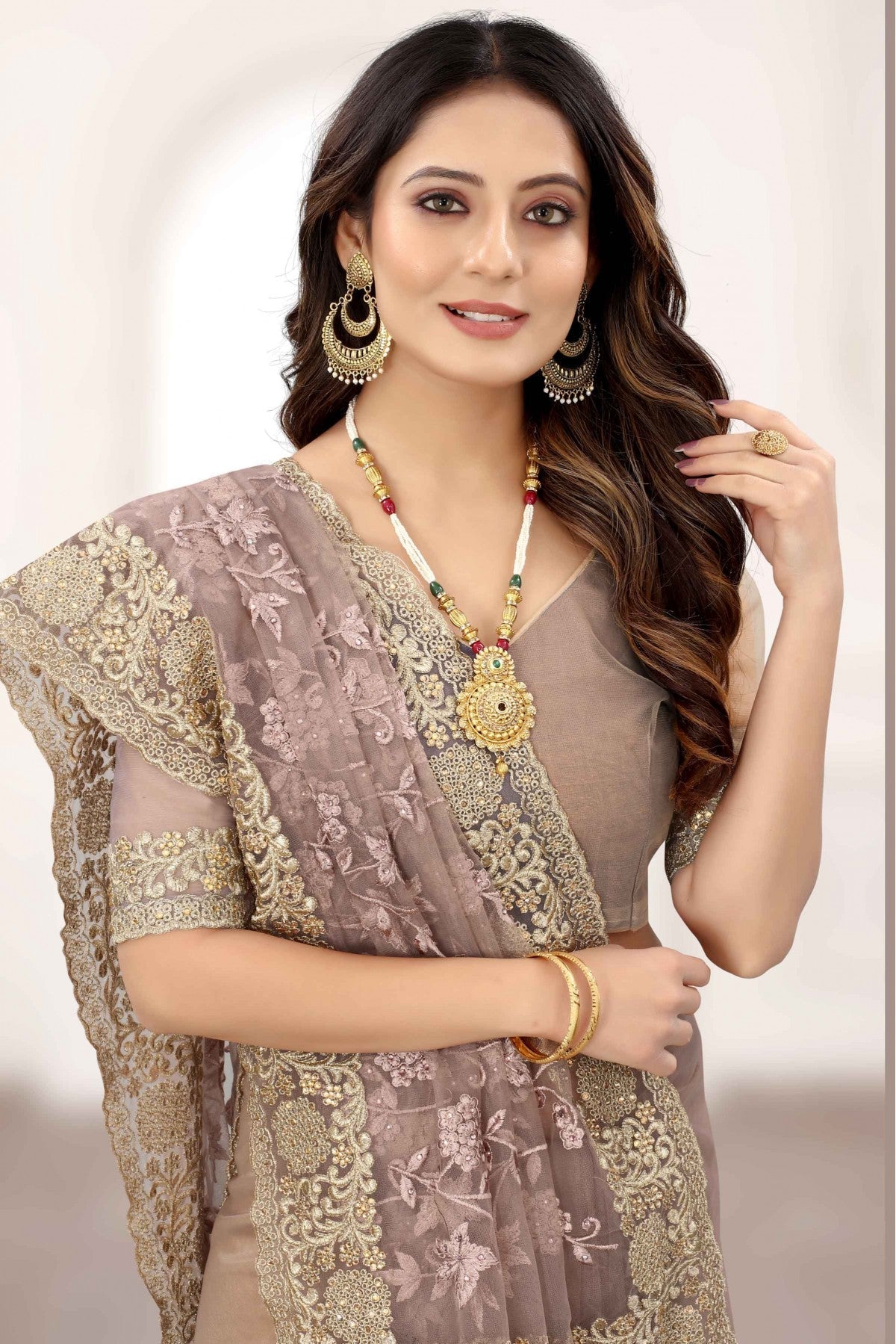 Beige Colour Net Designer Saree VSSD1120842
