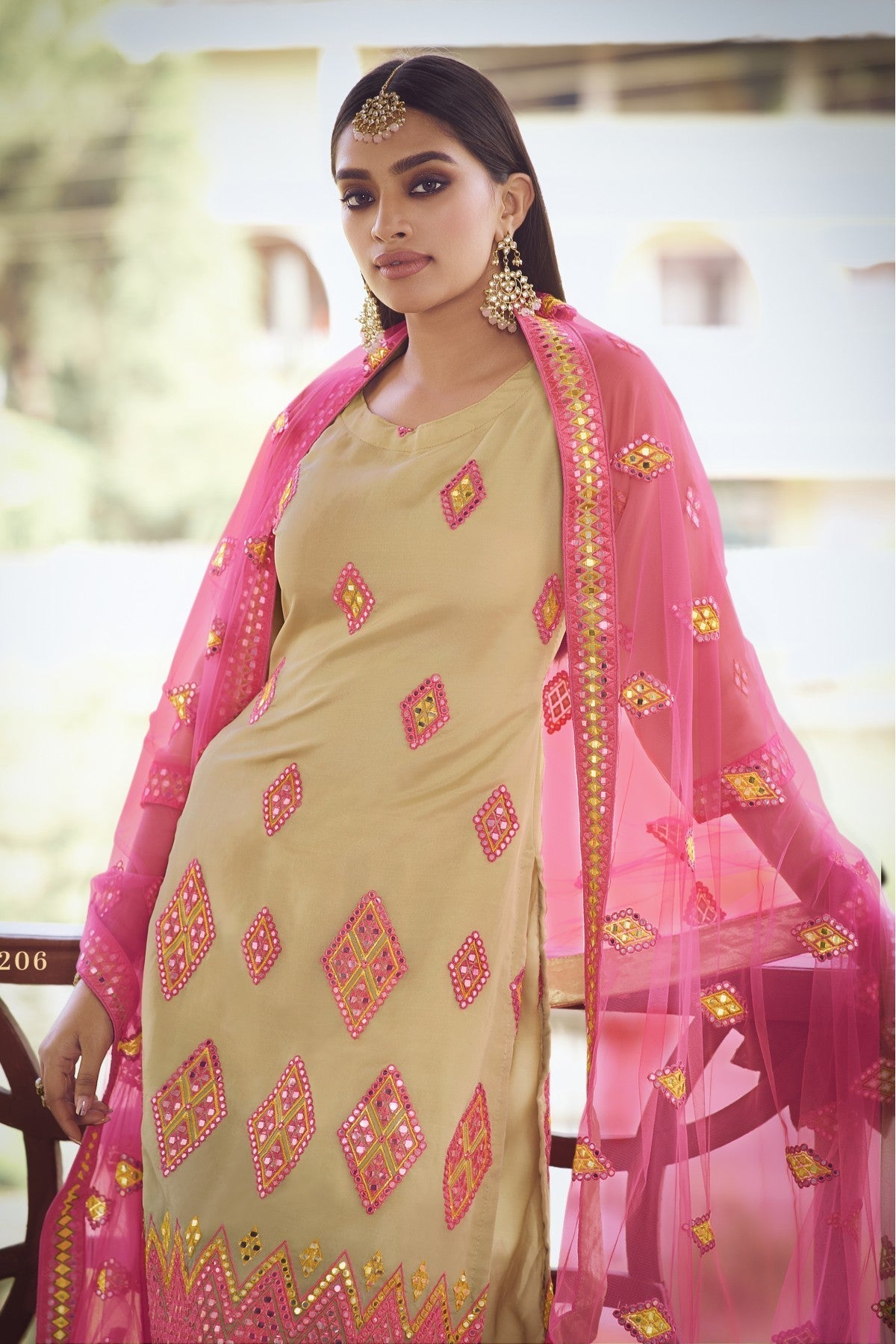 Beige Colour Organza Thread Work Sharara Suit VSSM1080652