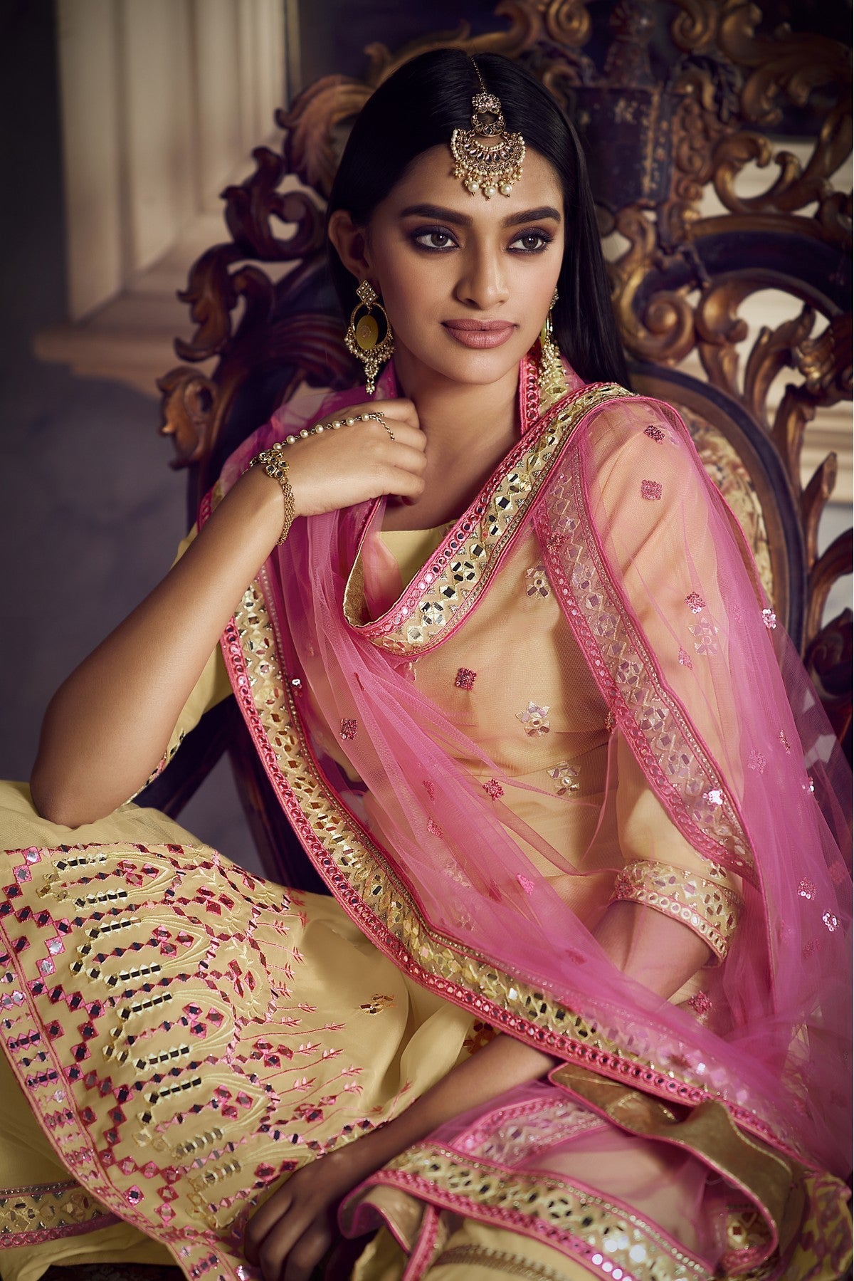 Beige Colour Organza Thread Work Sharara Suit VSSM1080654