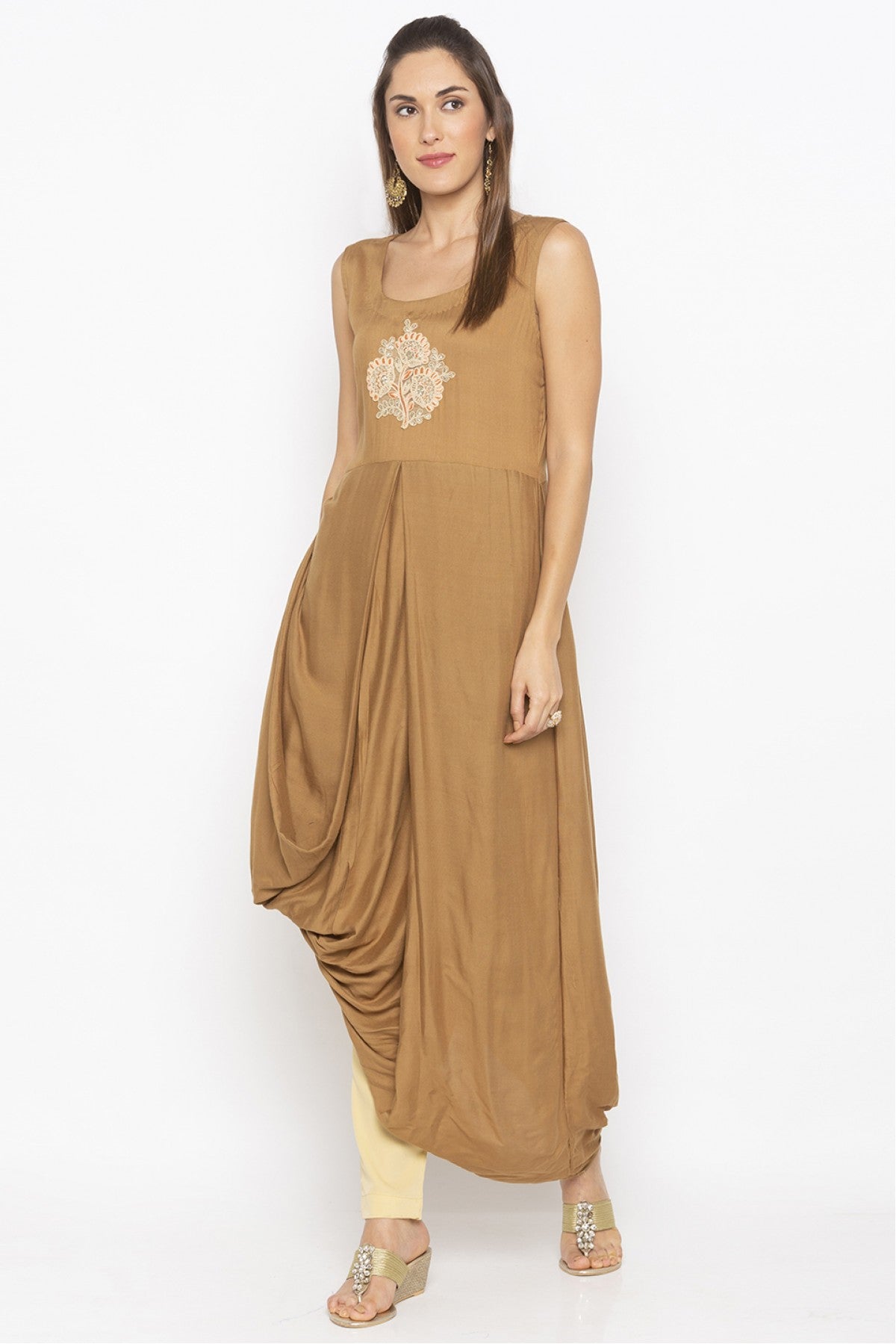 Beige Colour Plus Size Cotton Embroidery Kurti