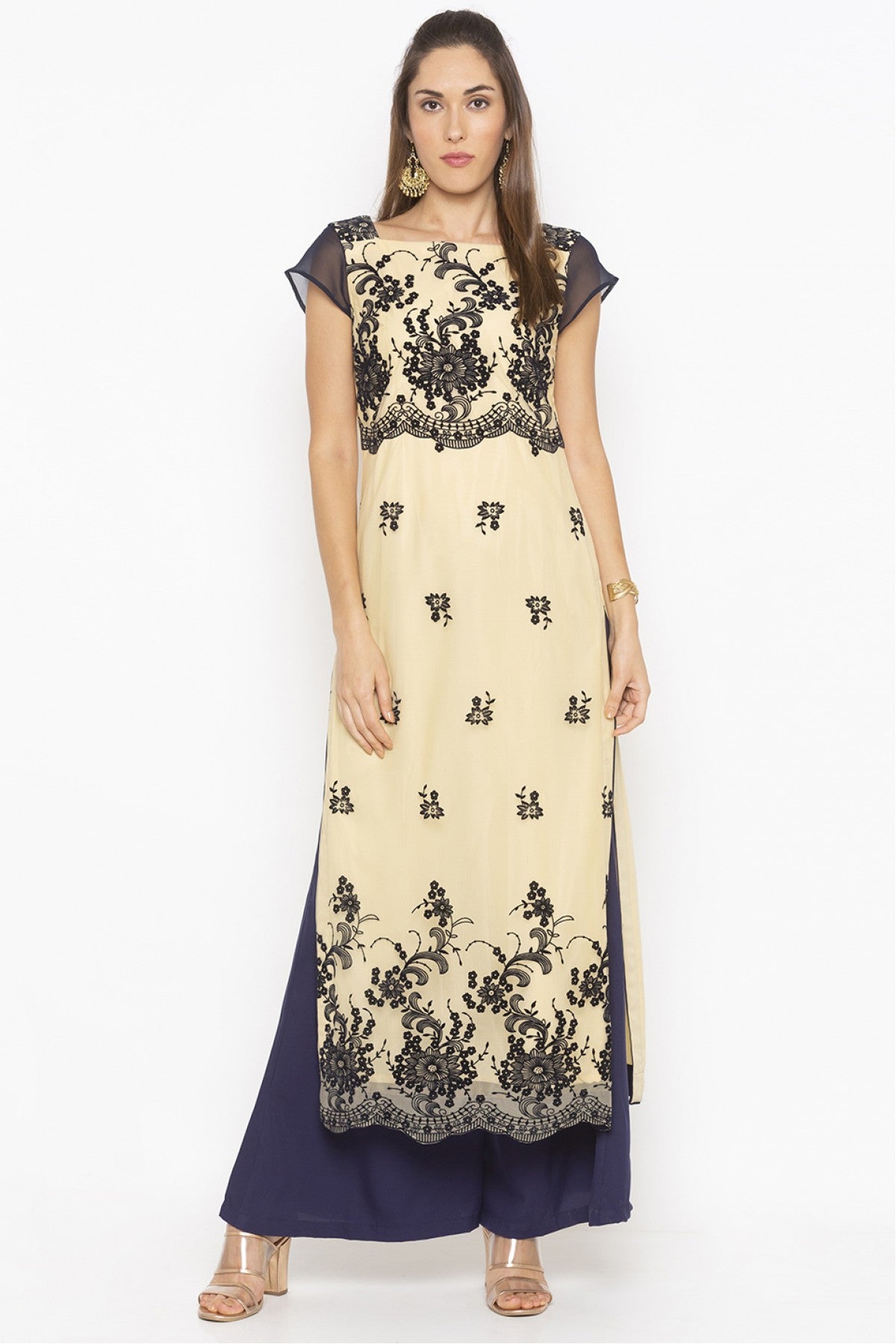 Beige Colour Plus Size Net Embroidery Kurta Set