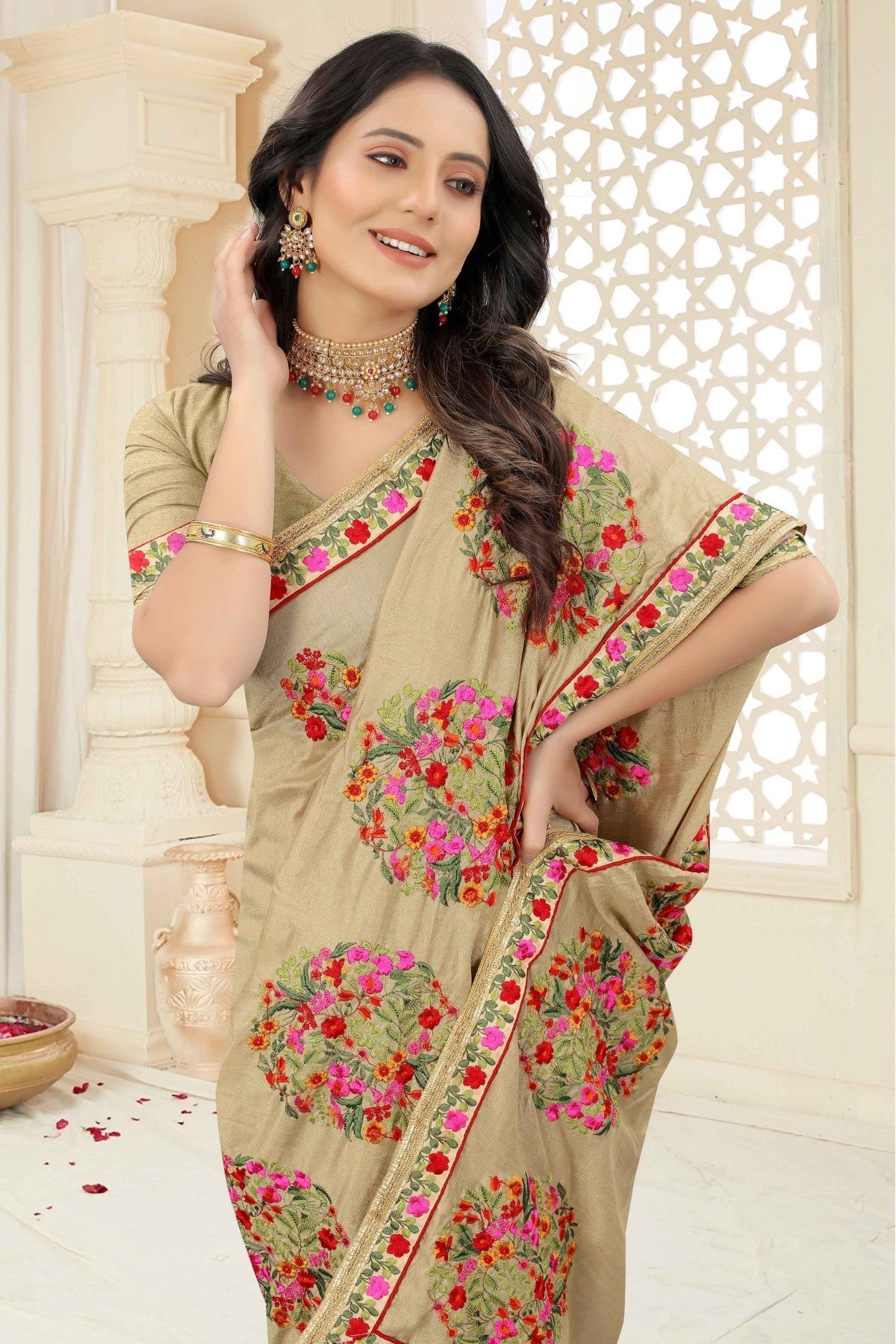 Beige Colour Vichitra Silk Embroidery Saree VSSD1120965