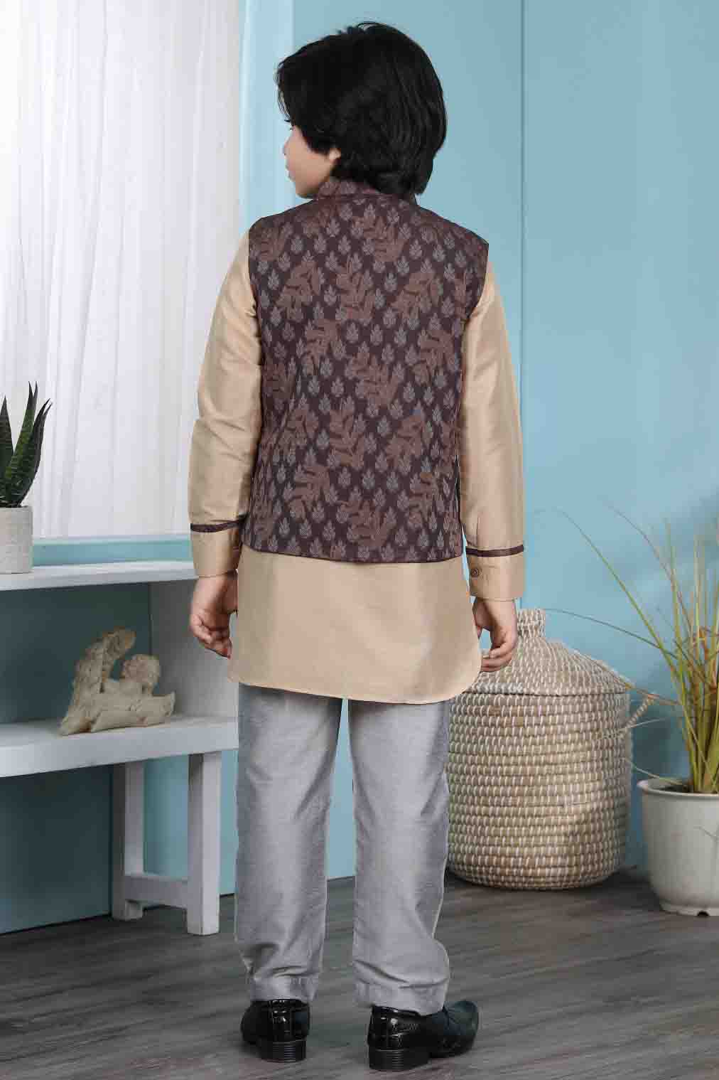 Beige and Brown Colour Cotton Silk Kurta Pajama With Jacket VSBW1070107