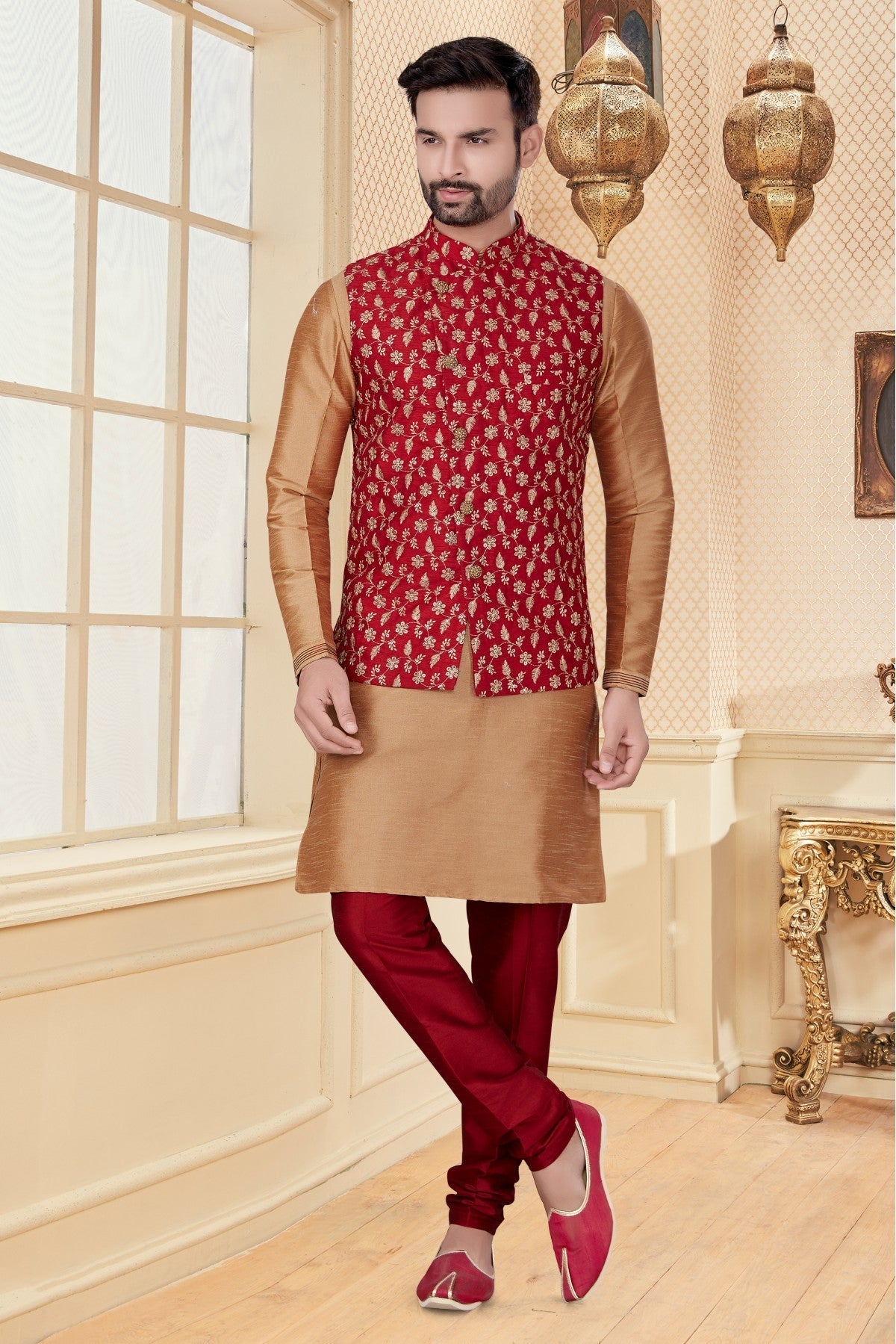 Beige and Maroon Colour Kurta Pajama With Jacket In Silk Dupion Fabric VSKP1040178