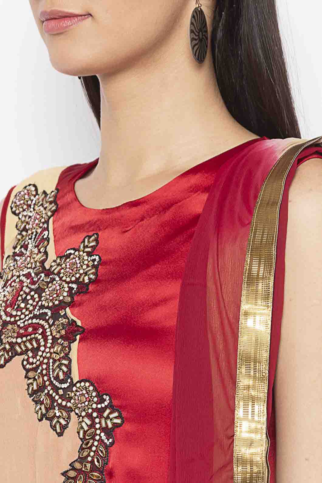 Beige and Maroon Colour Plus Size Georgette Embroidery Pant Style Suit VSSS1070343