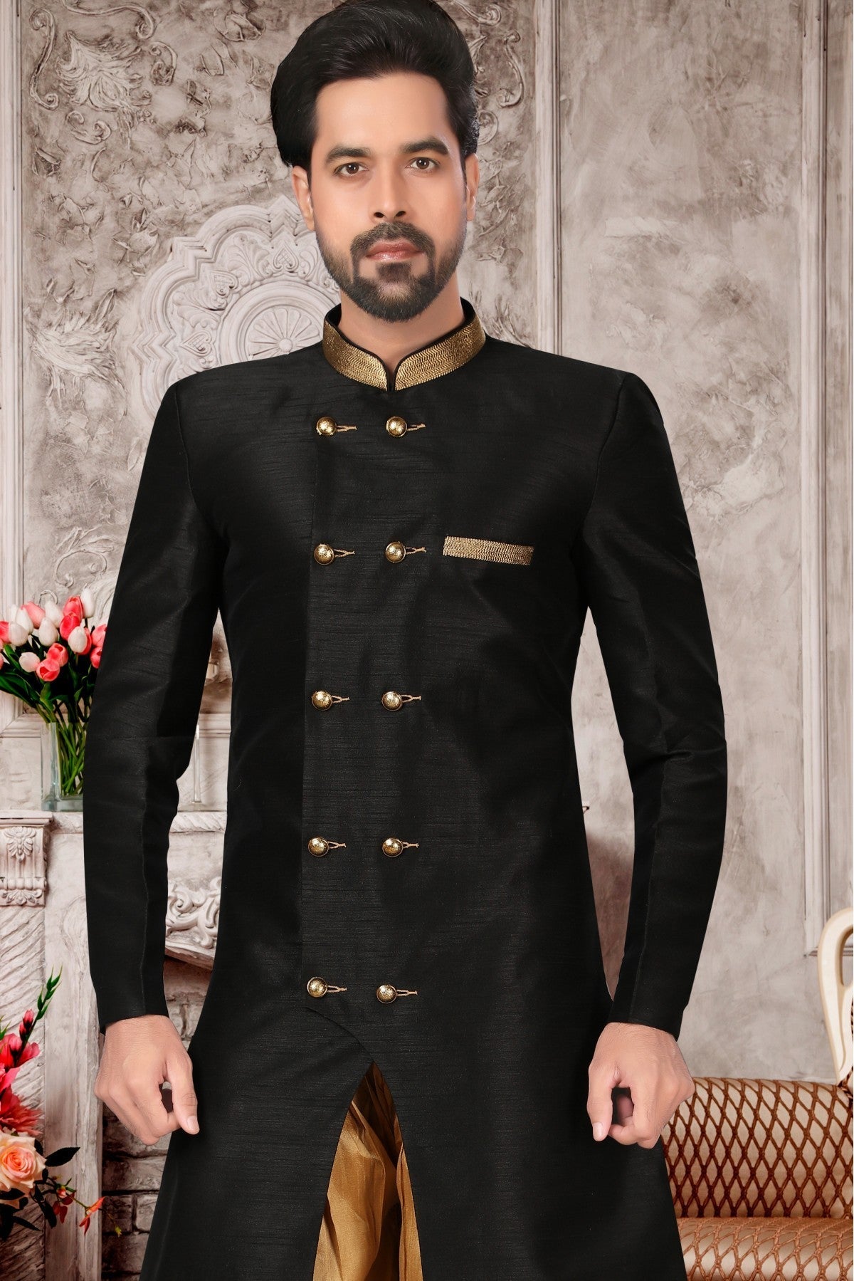 Black Colour Brocade Silk Dhoti Sherwani VSSH1040297