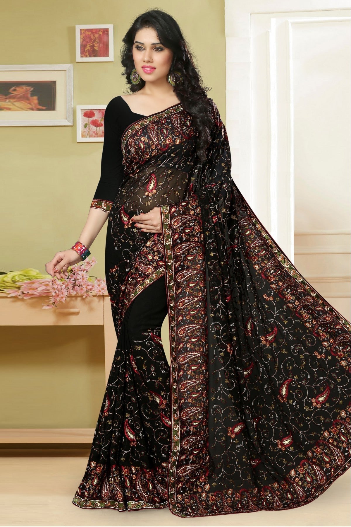 Black Colour Georgette Embroidery Saree VSSD1120001