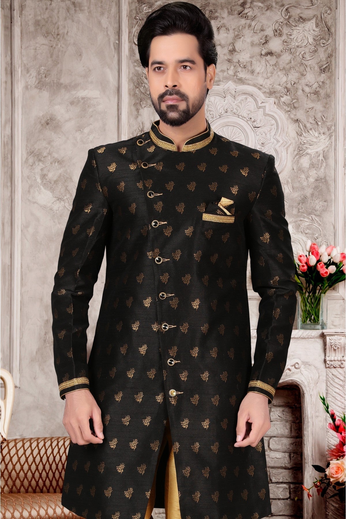 Black Colour Jacquard Sherwani VSSH1040302