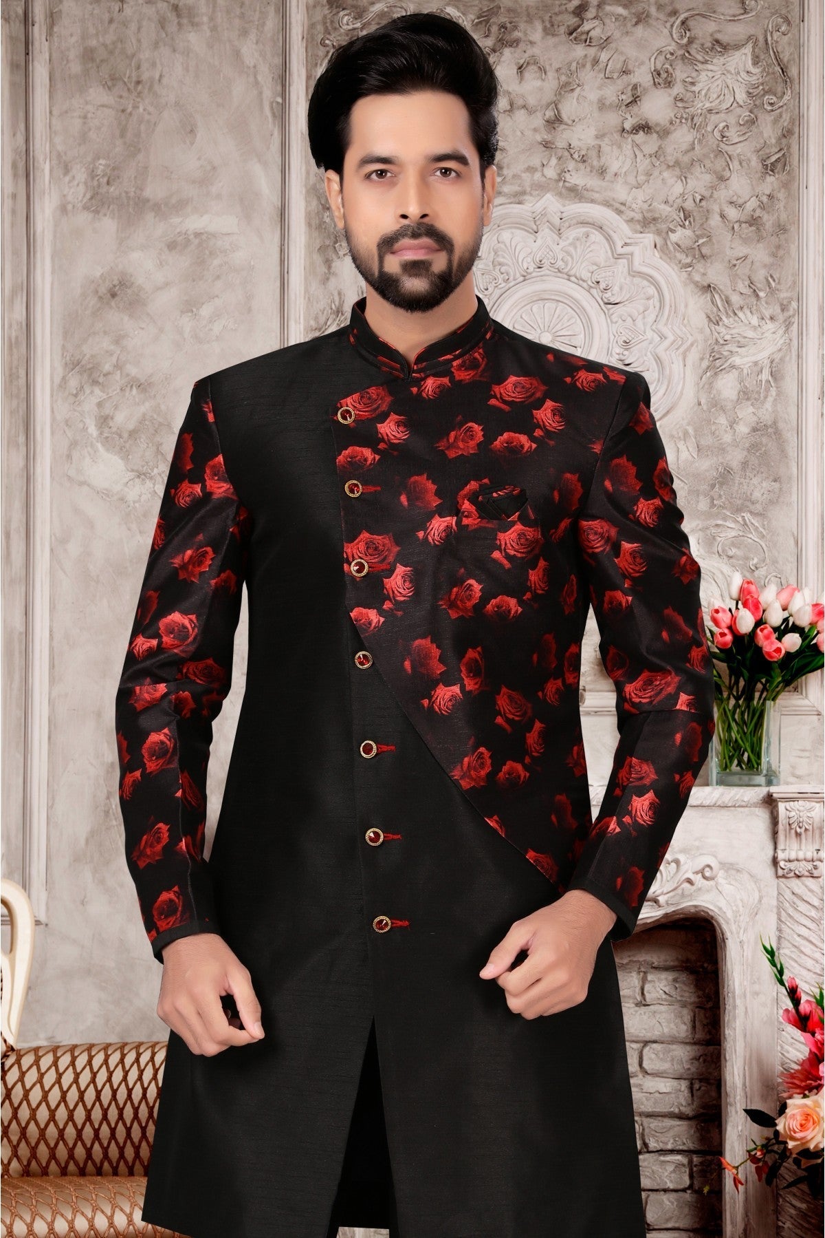 Black Colour Jacquard Sherwani VSSH1040306