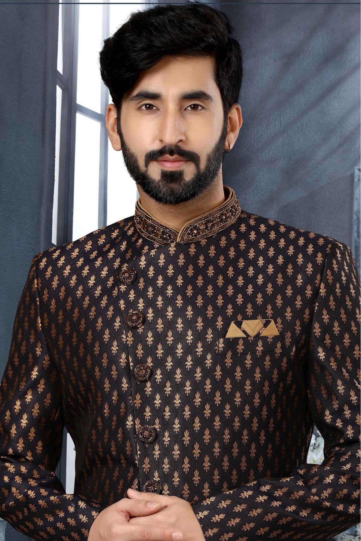 Black Colour Jacquard Woven Sherwani VSSH1040341