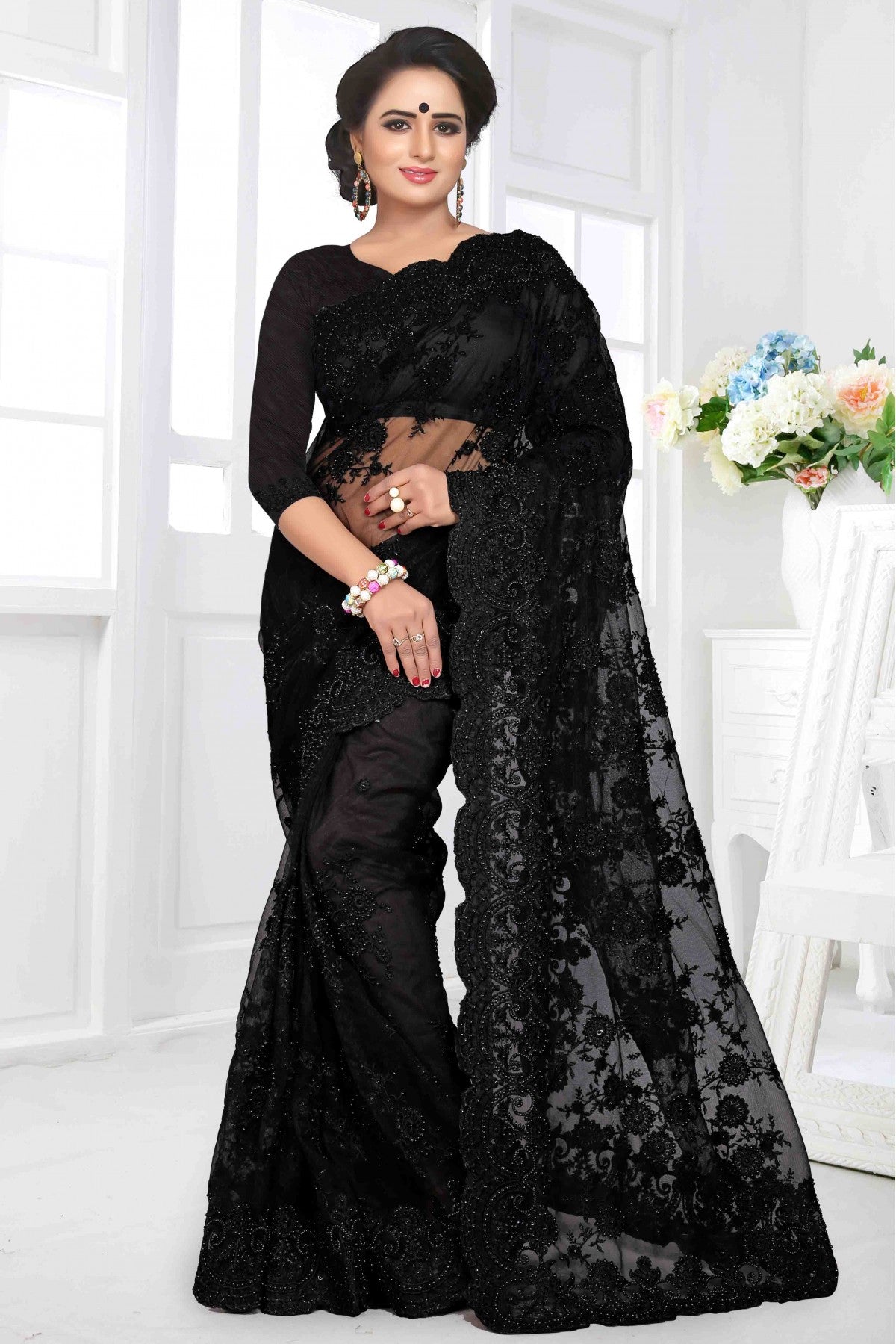 Black Colour Net Designer Saree VSSD1090020