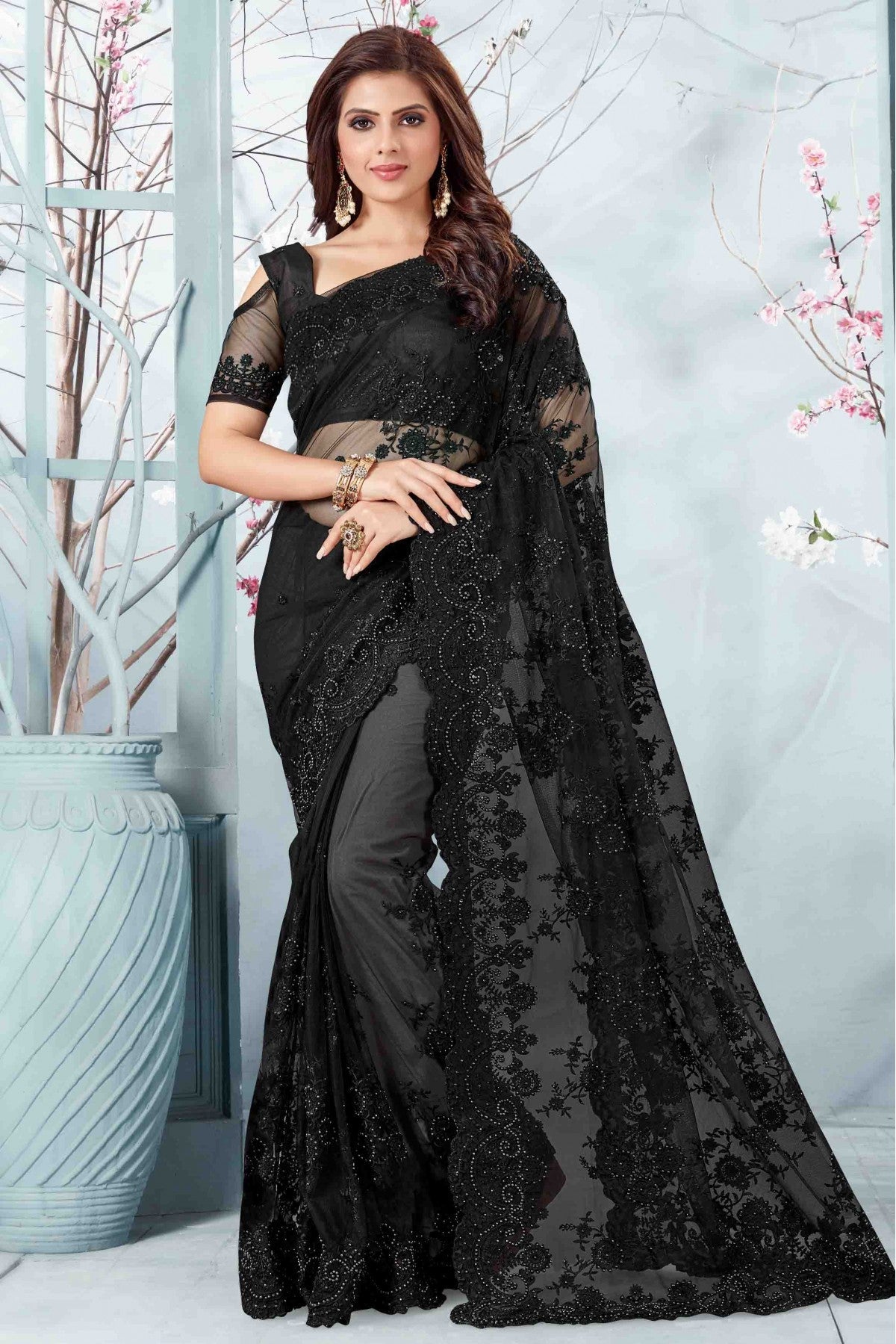 Black Colour Net Designer Saree VSSD1090051