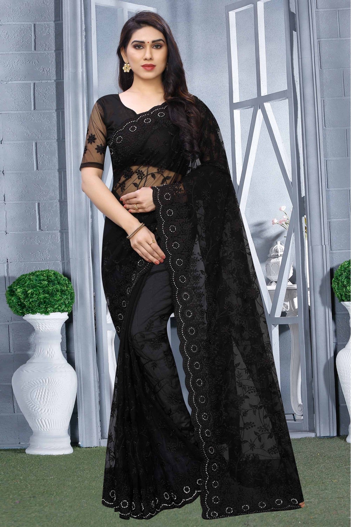 Black Colour Net Designer Saree VSSD1090072