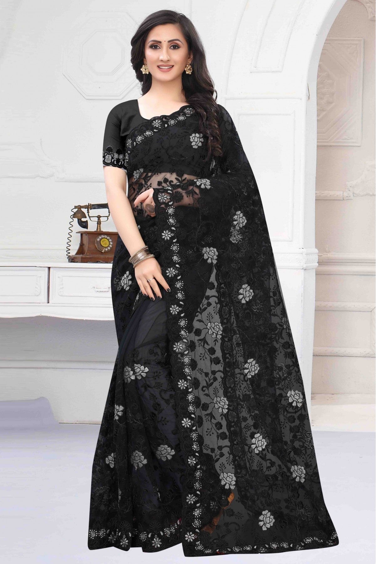 Black Colour Net Designer Saree VSSD1090155
