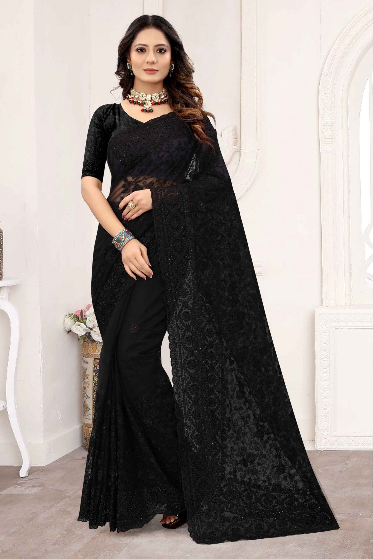 Black Colour Net Designer Saree VSSD1090238