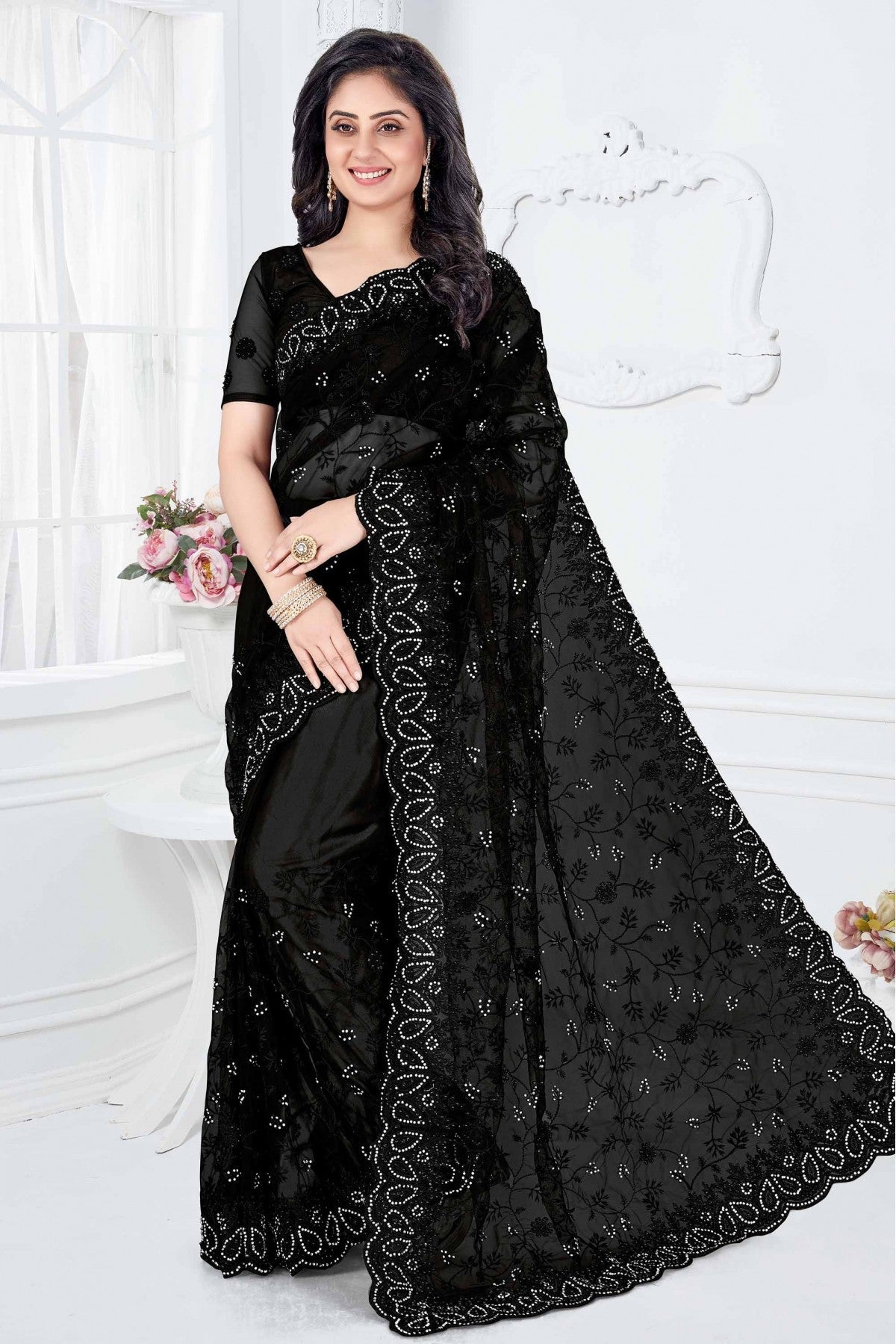 Black Colour Net Designer Saree VSSD1090340