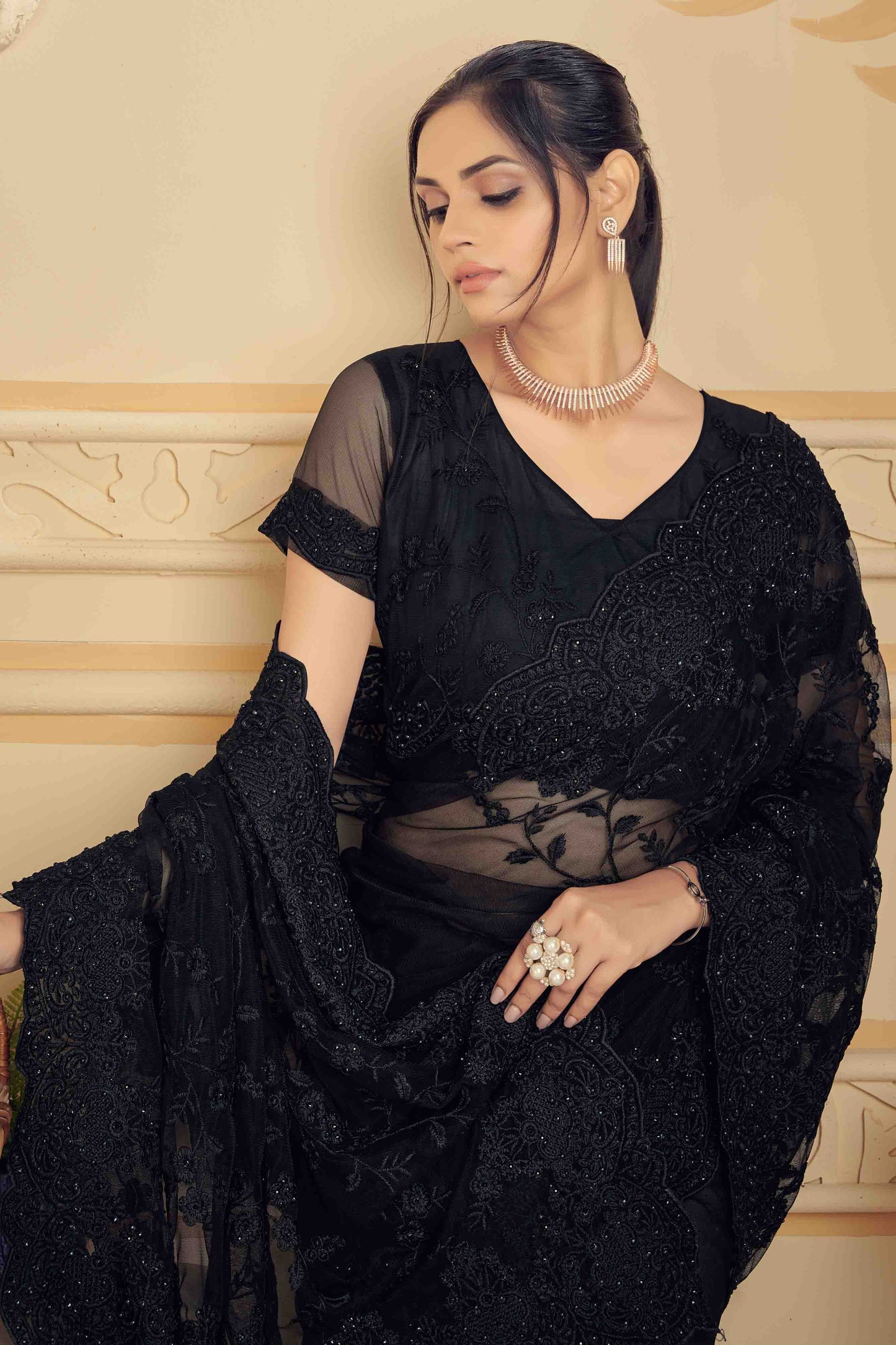 Black Colour Net Designer Saree VSSD1090471