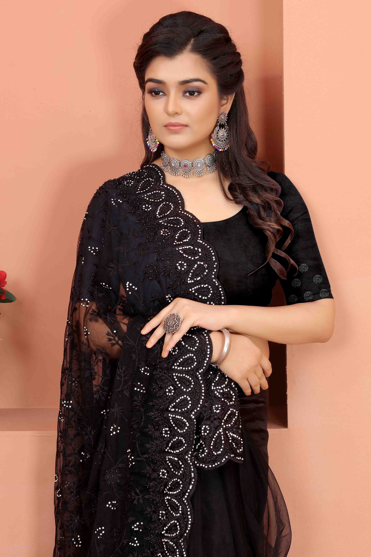 Black Colour Net Designer Saree VSSD1090516