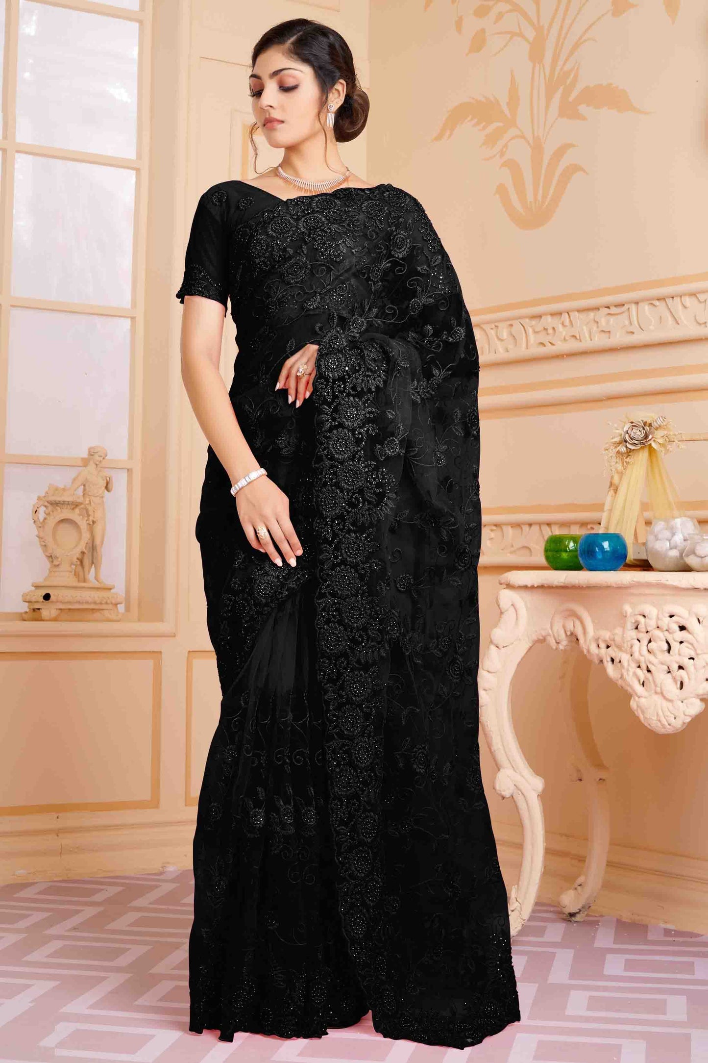 Black Colour Net Designer Saree VSSD1090606