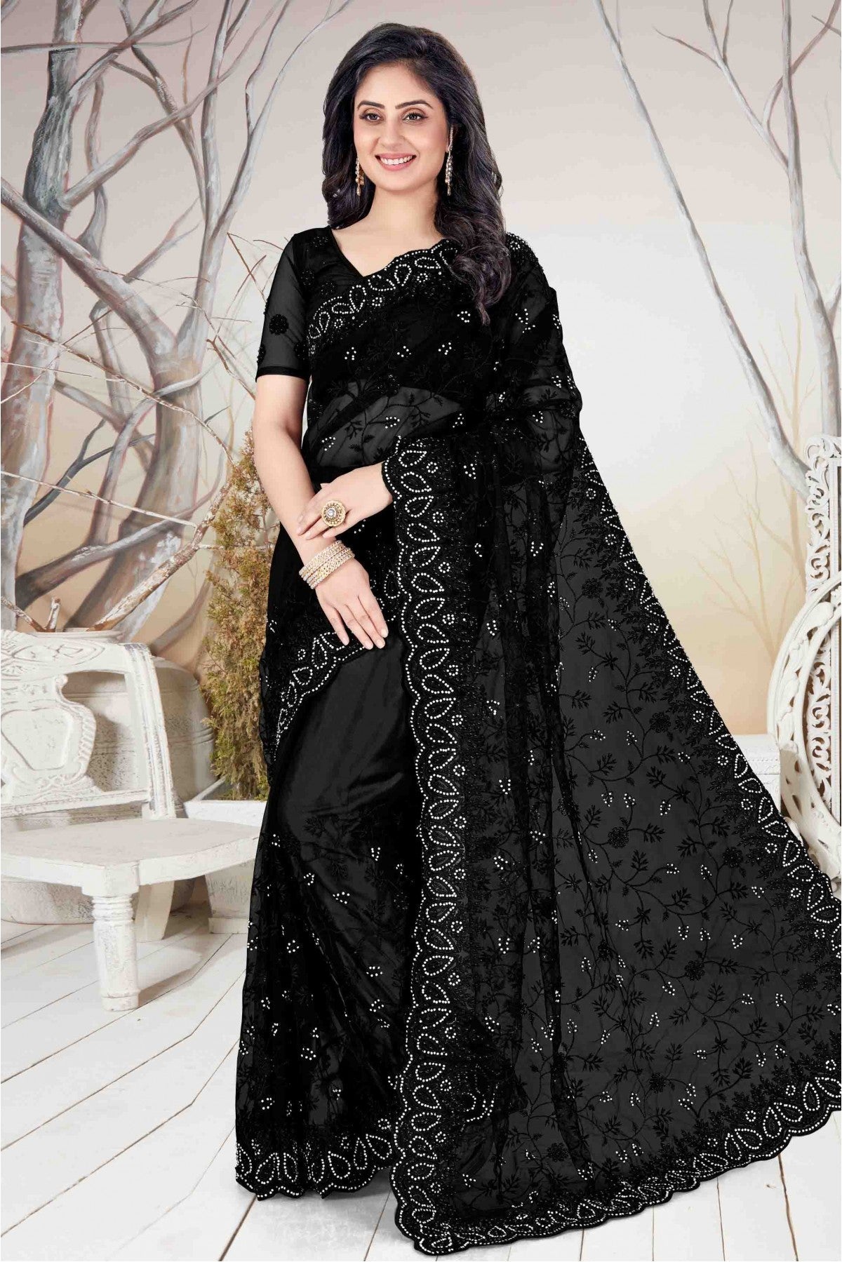 Black Colour Net Embroidery Saree VSSD1090115