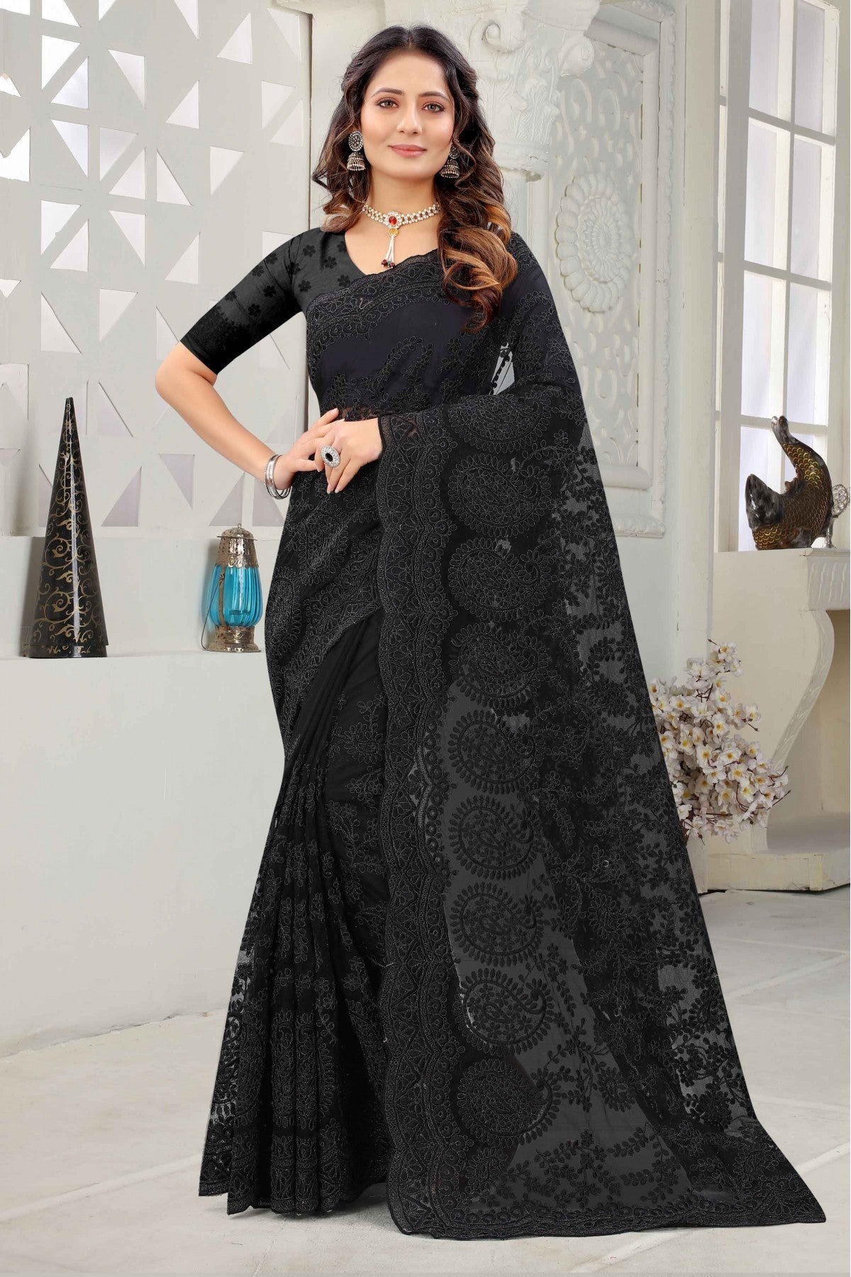Black Colour Net Embroidery Saree VSSD1090227