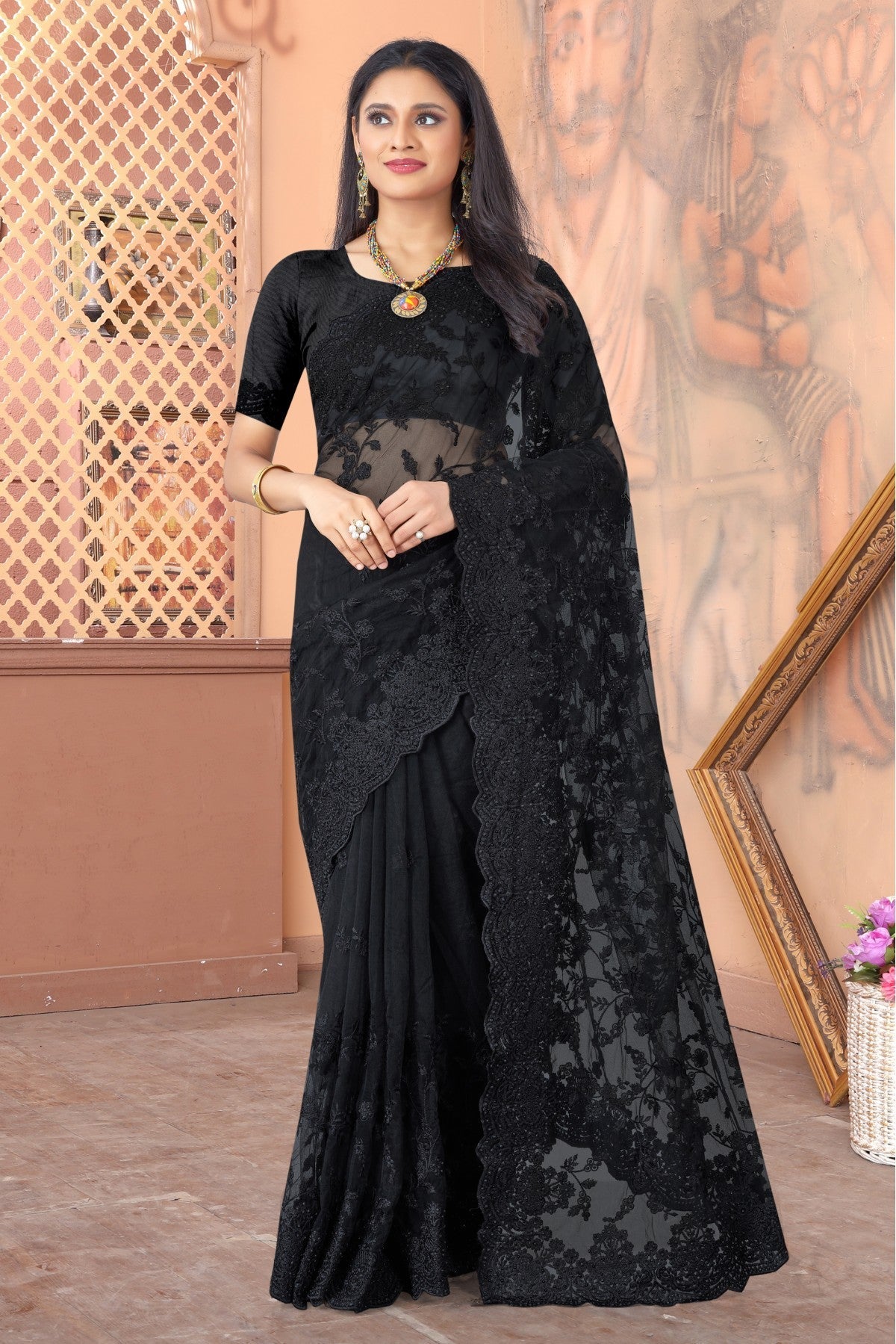 Black Colour Net Embroidery Saree VSSD1090392