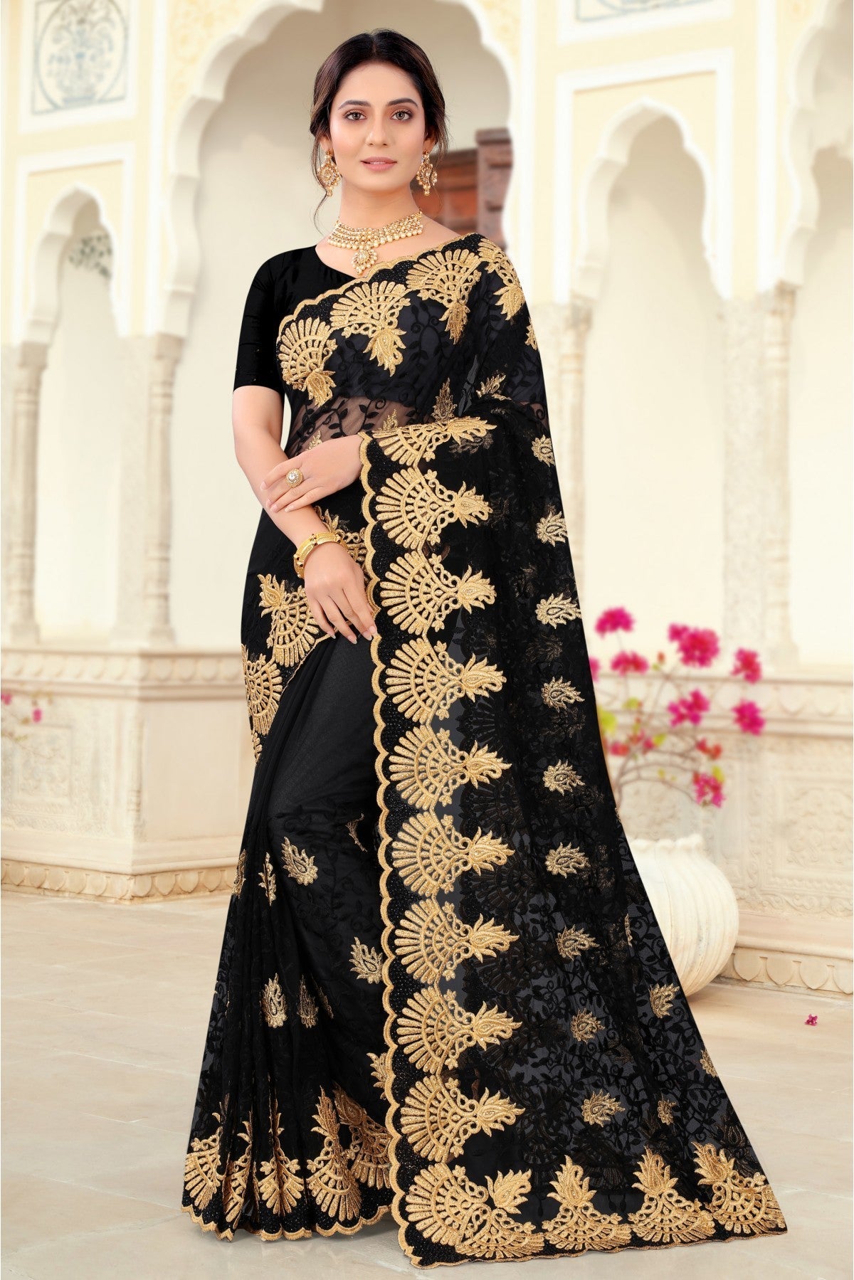 Black Colour Net Embroidery Saree VSSD1090437
