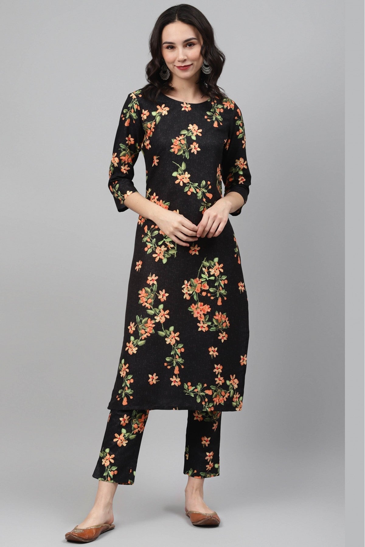 Black Colour Plus Size Rayon Foil Print Kurti With Pant Set VSKR1060074