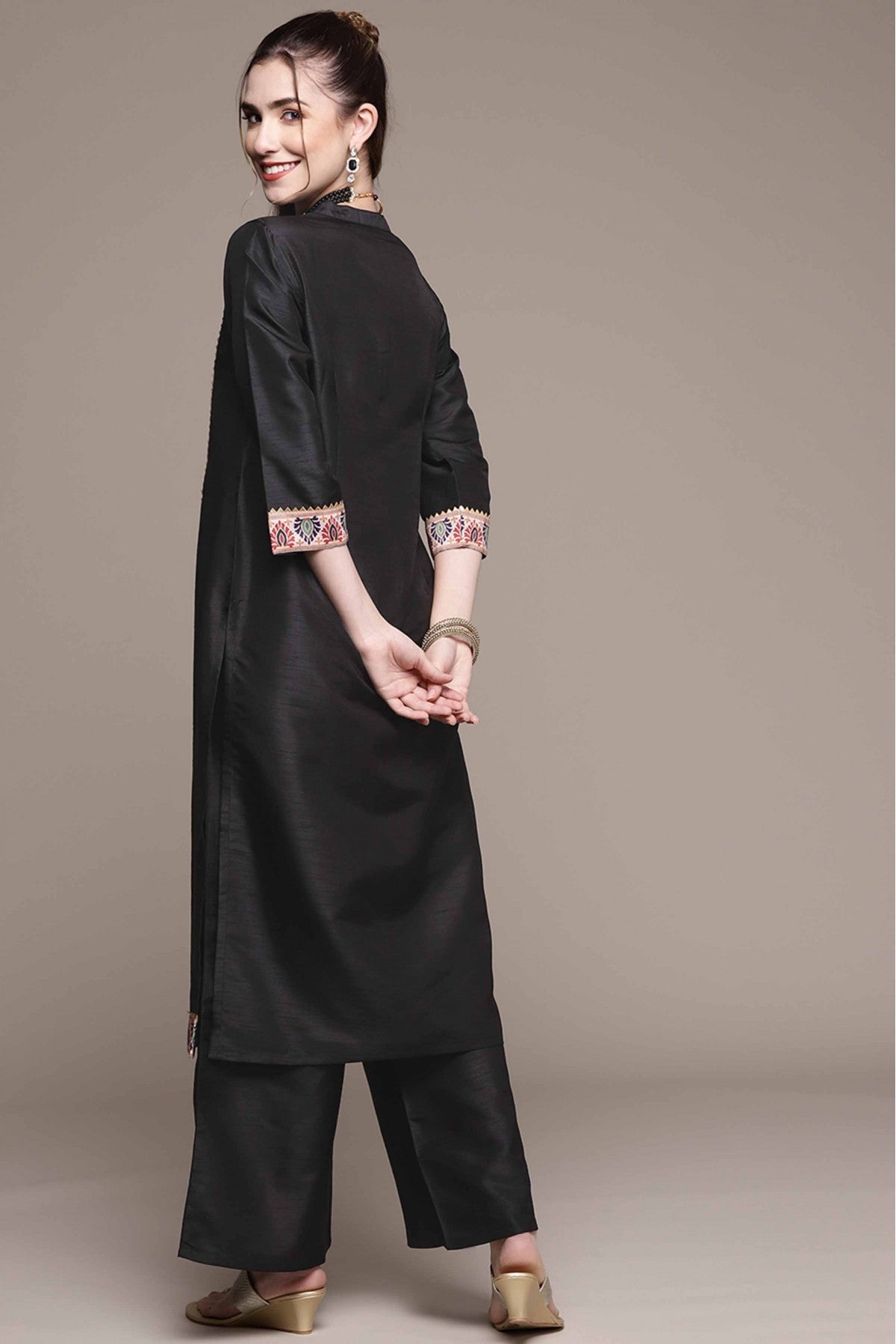 Black Colour Poly Silk Printed Kurta With Palazzo VSKR1060025