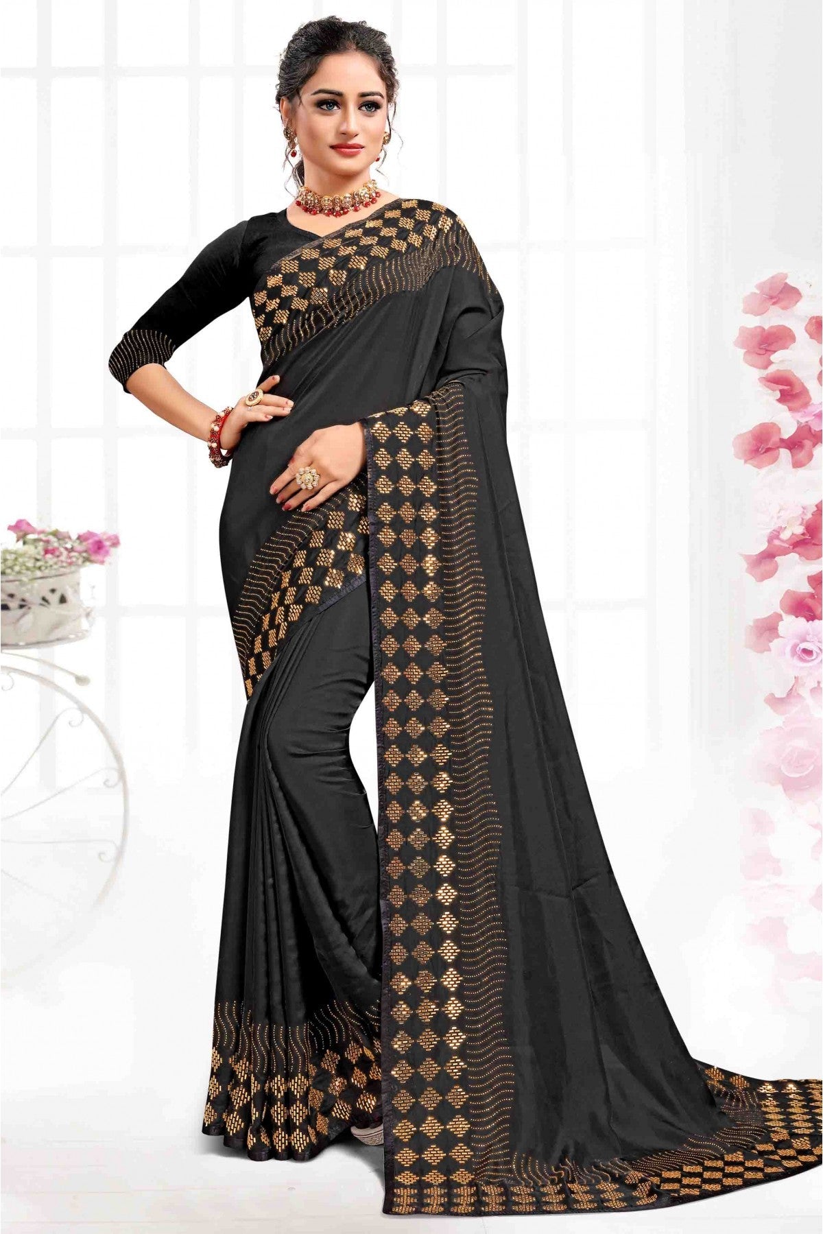 Black Colour Pure Satin Designer Saree VSSD1120086