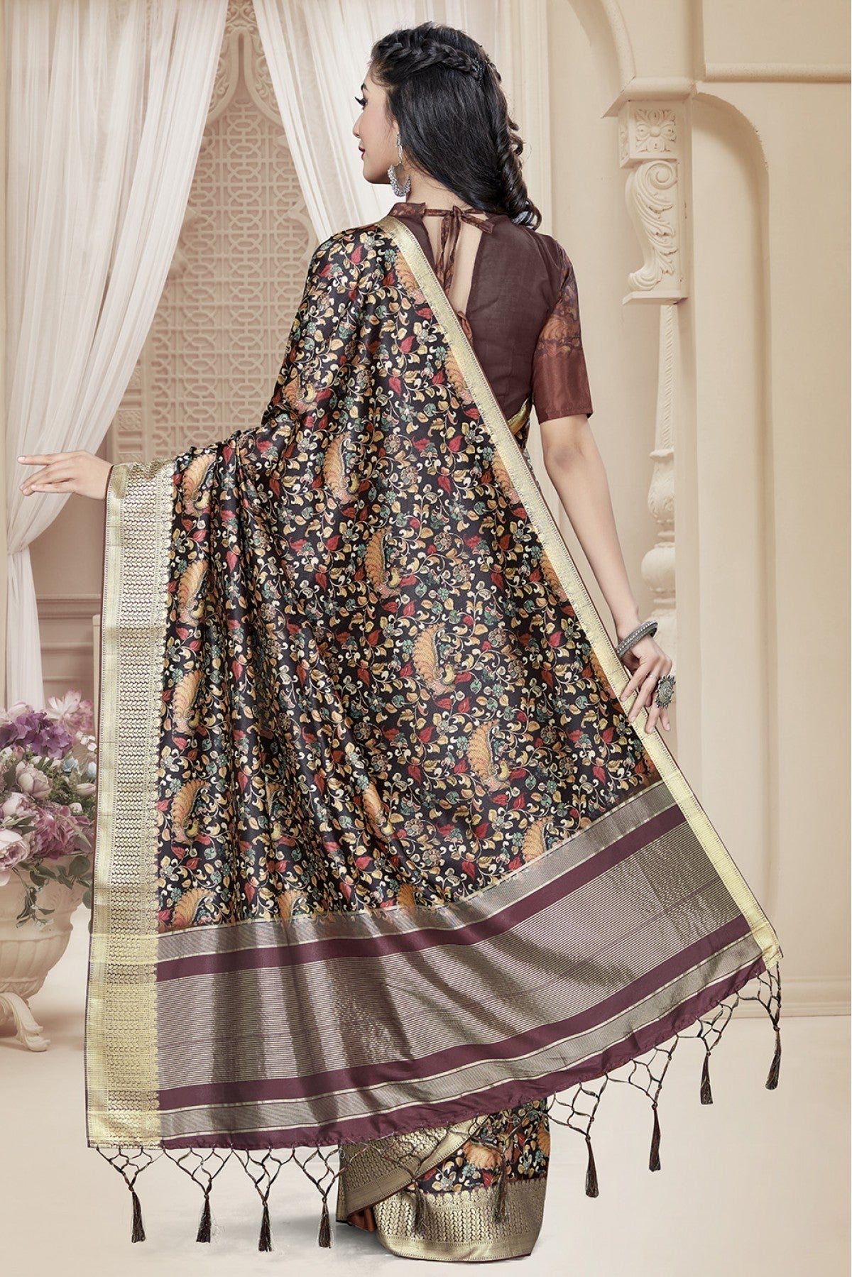 Black Colour Tussar Silk Printed Saree VSSD1120648