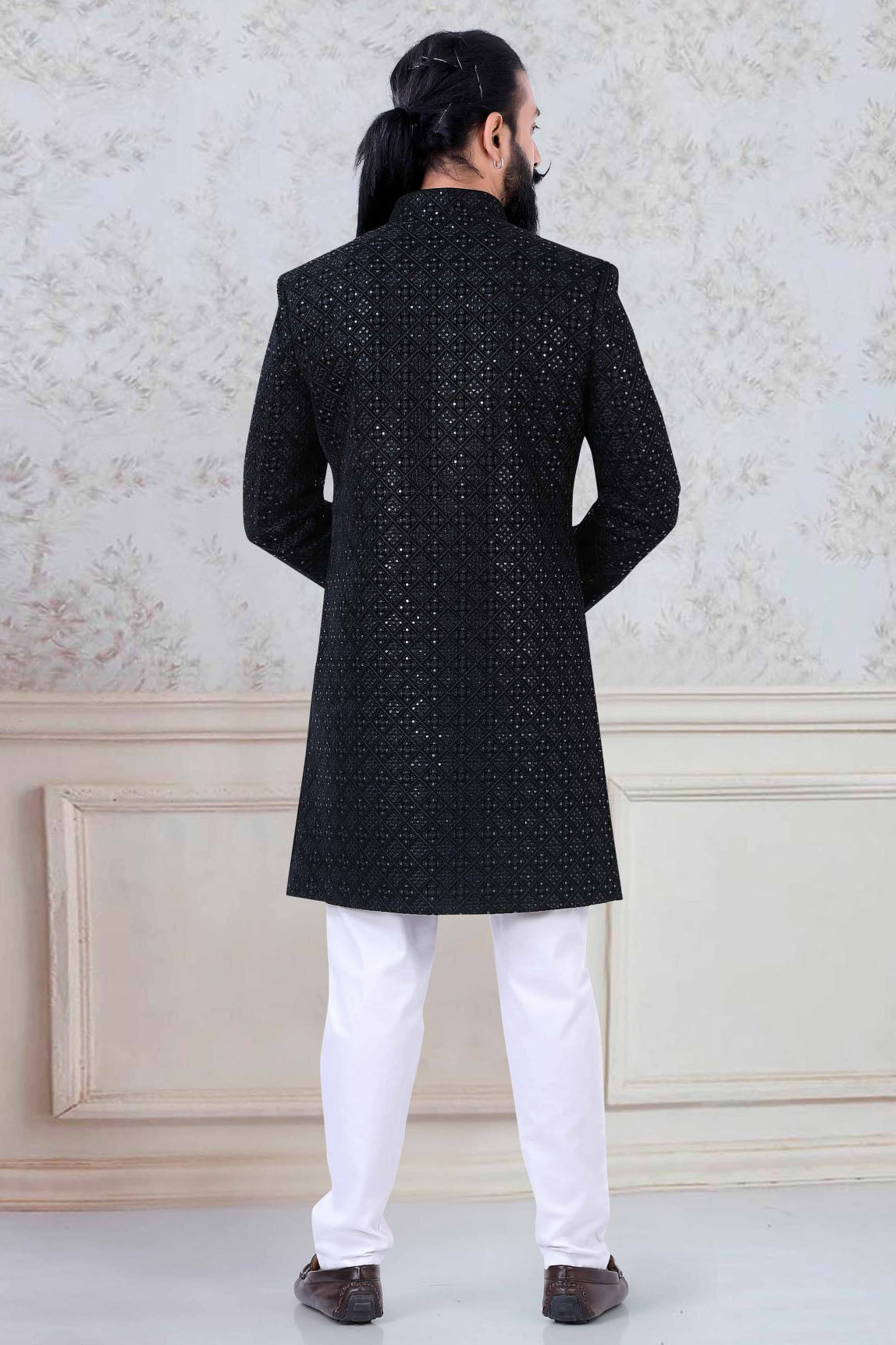 Black Colour Velvet Indo Western Sherwani VSSH1130039