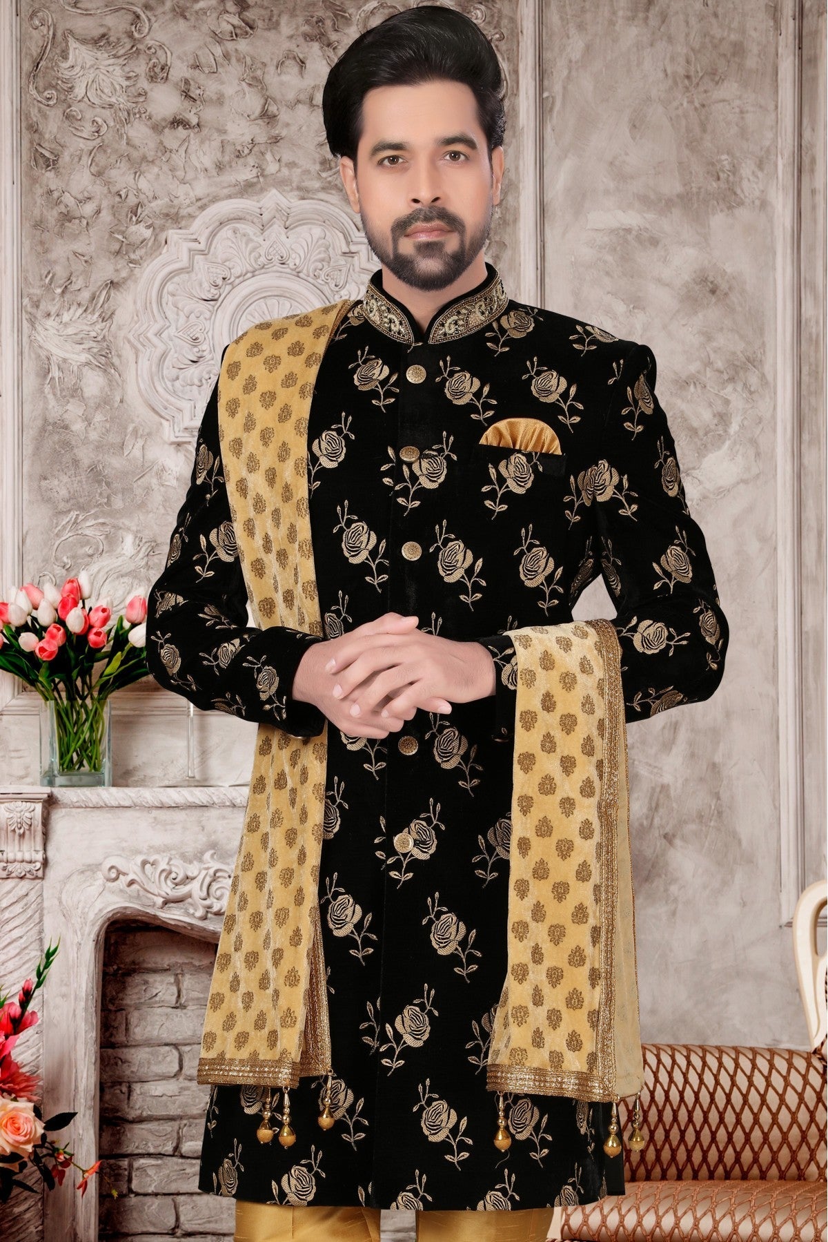 Black Colour Velvet Sherwani VSSH1040283