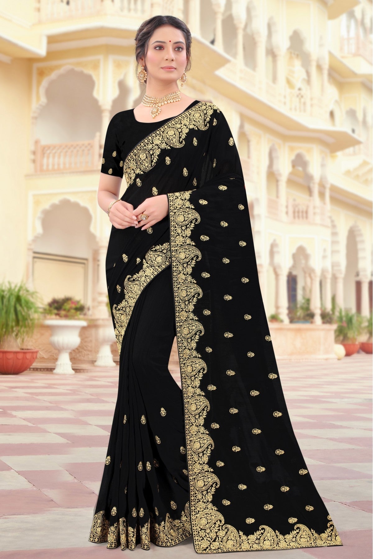 Black Colour Vichitra Silk Resham Work Saree VSSD1090421