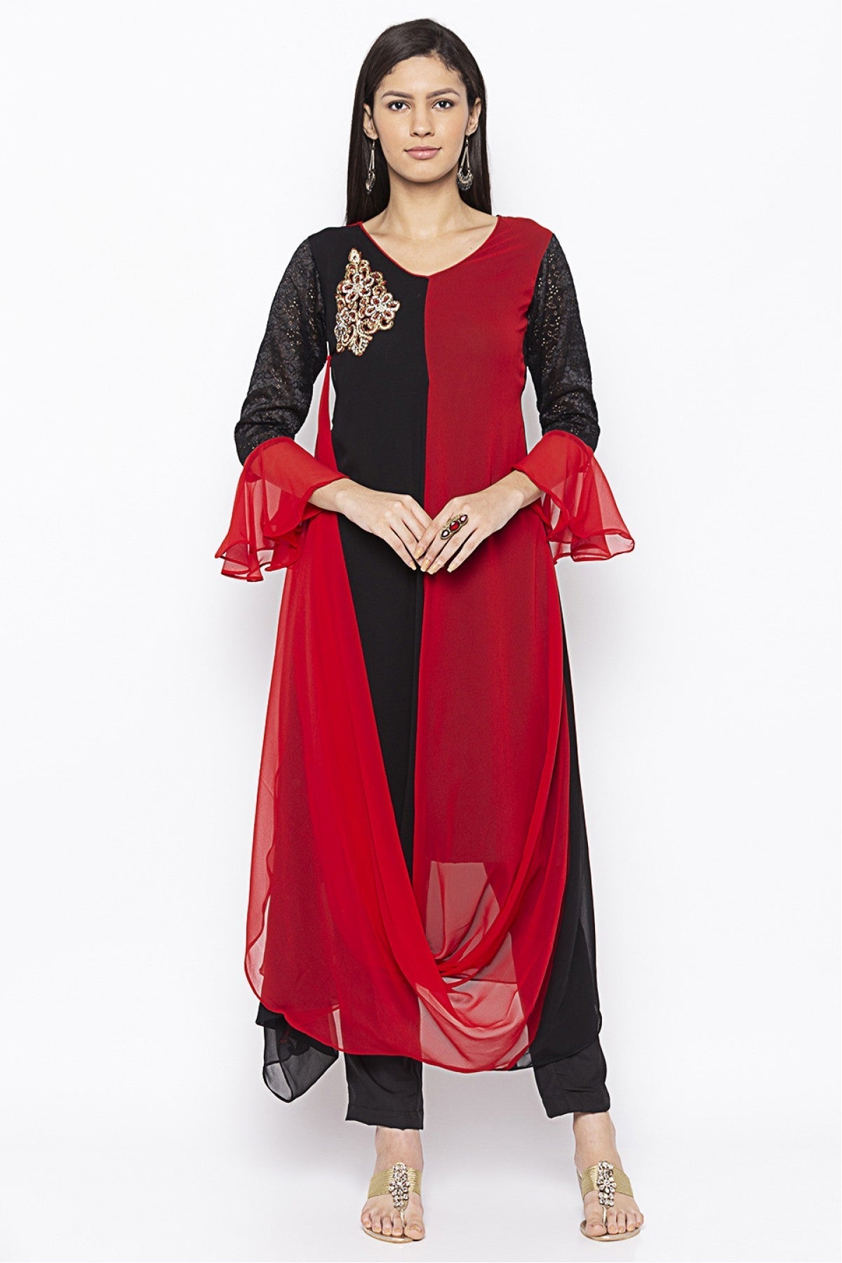 Black and Red Colour Plus Size Georgette Embroidery Kurti
