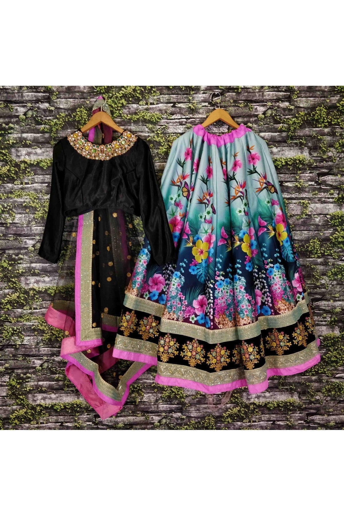 Black and Sky Blue Colour Art Silk Lehenga Choli VSLC1010005