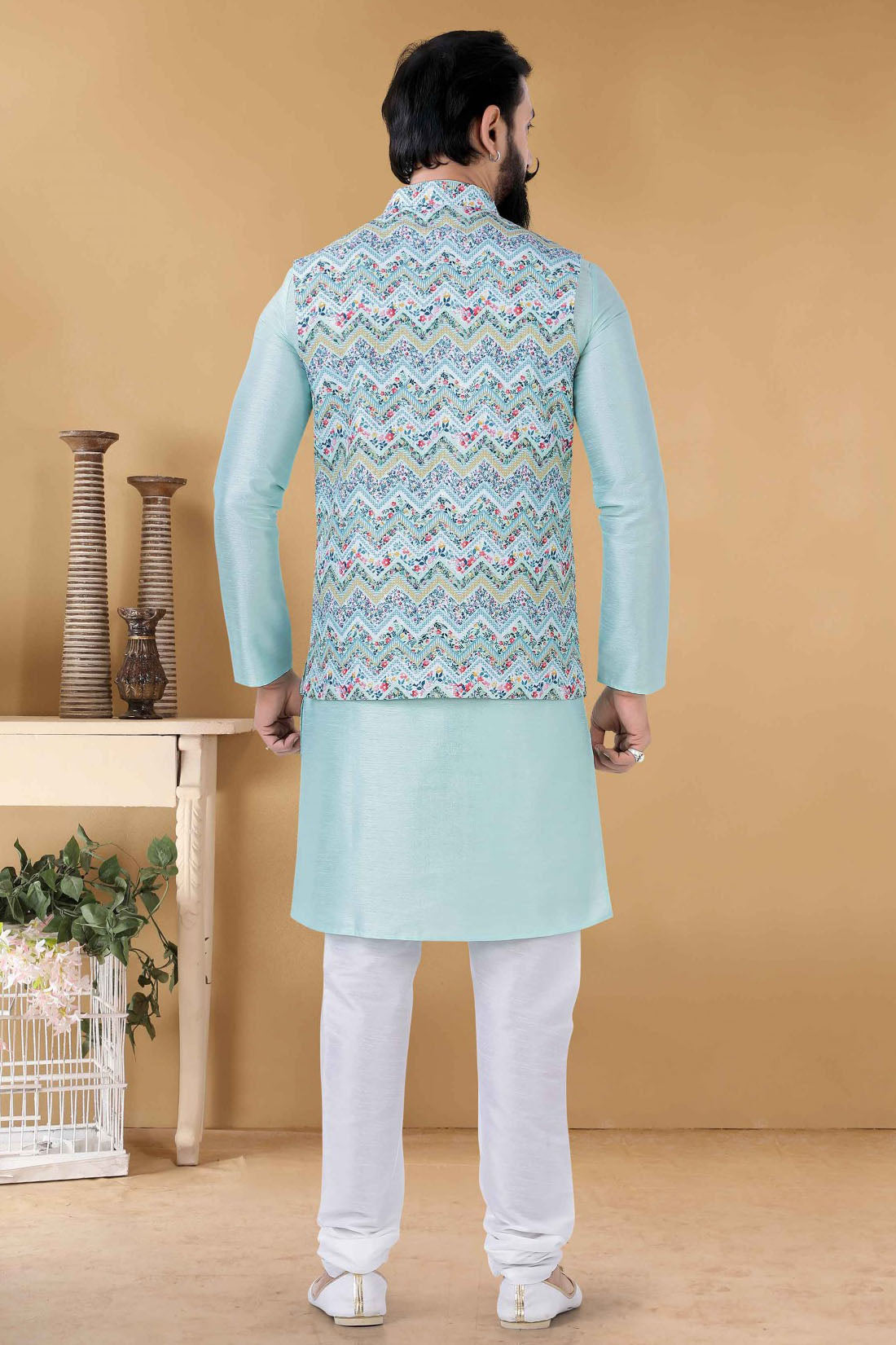 Blue Colour Cotton Kurta Pajama With Jacket VSKP1130095