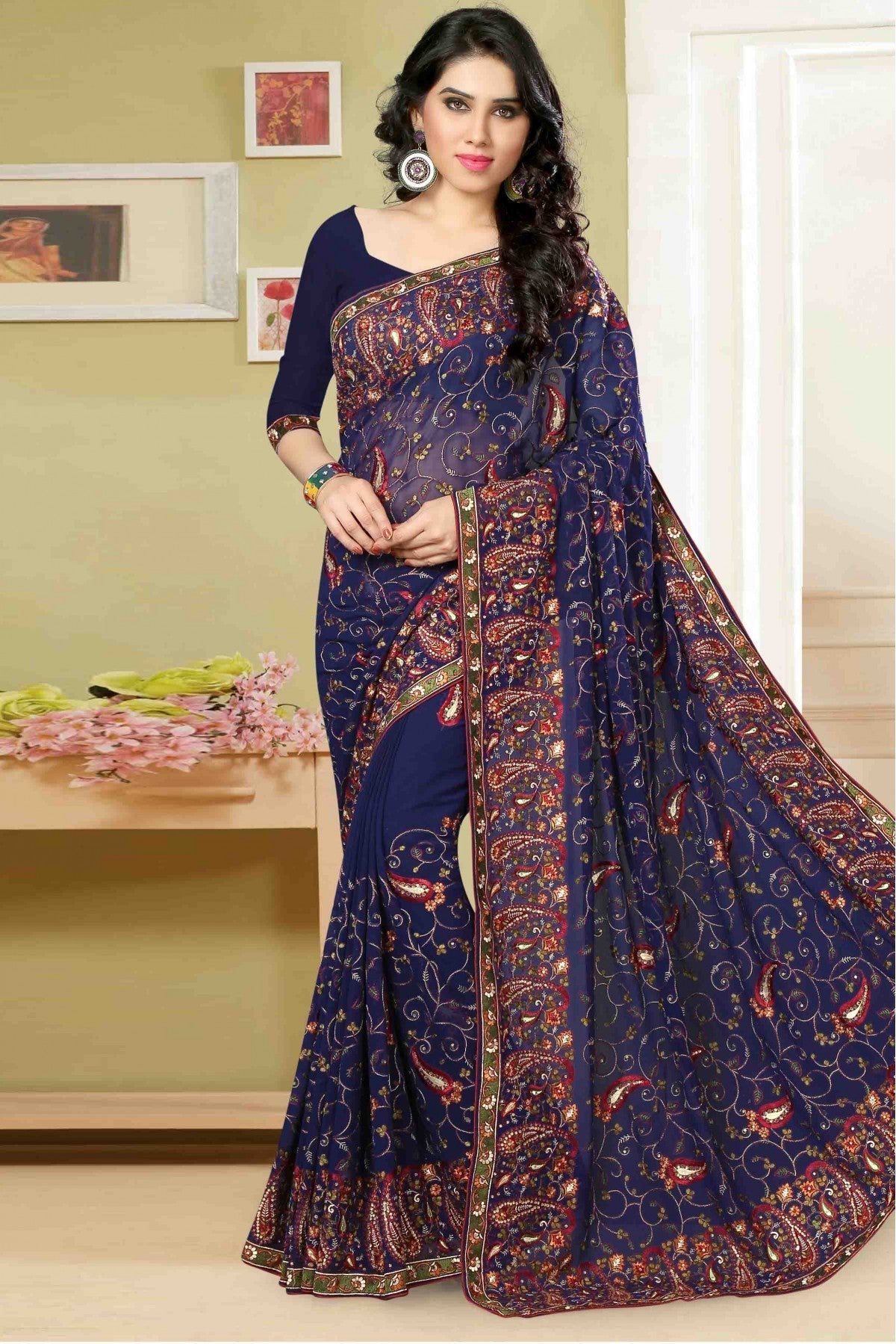 Blue Colour Georgette Embroidery Saree VSSD1120005