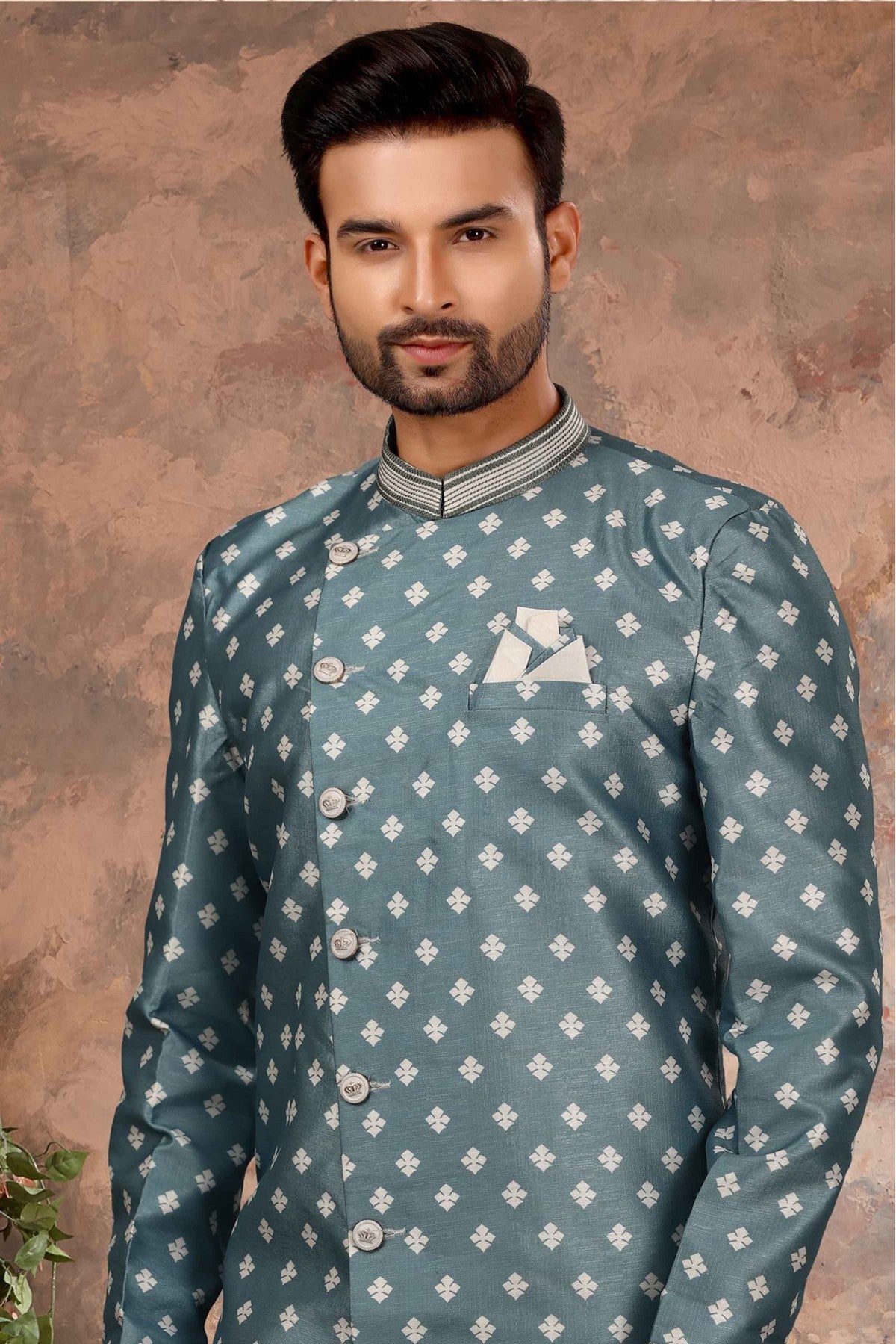 Blue Colour Jacquard Digital Print Sherwani VSSH1040342
