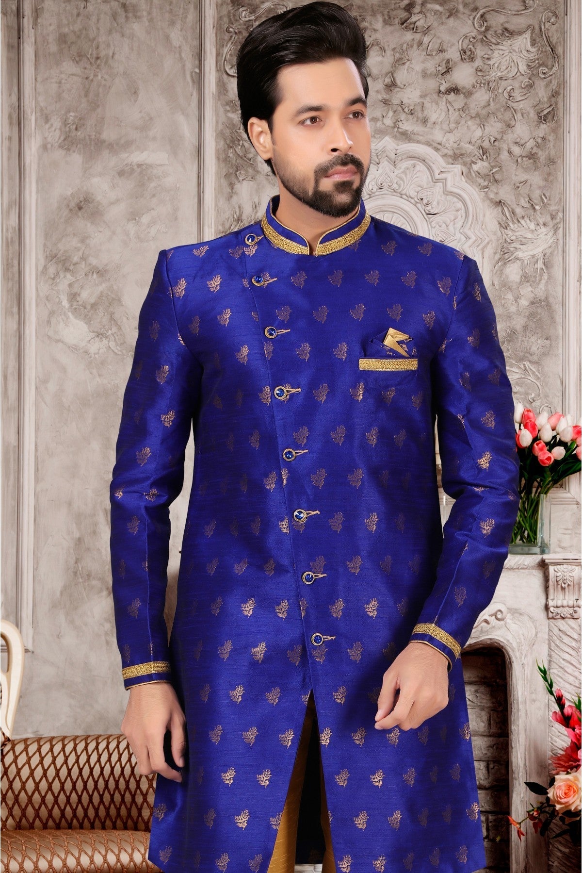 Blue Colour Jacquard Sherwani VSSH1040284